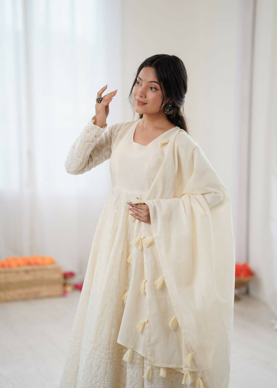 Teeya Creation Cream Kora Cotton Designer Embroidery Work long Gown