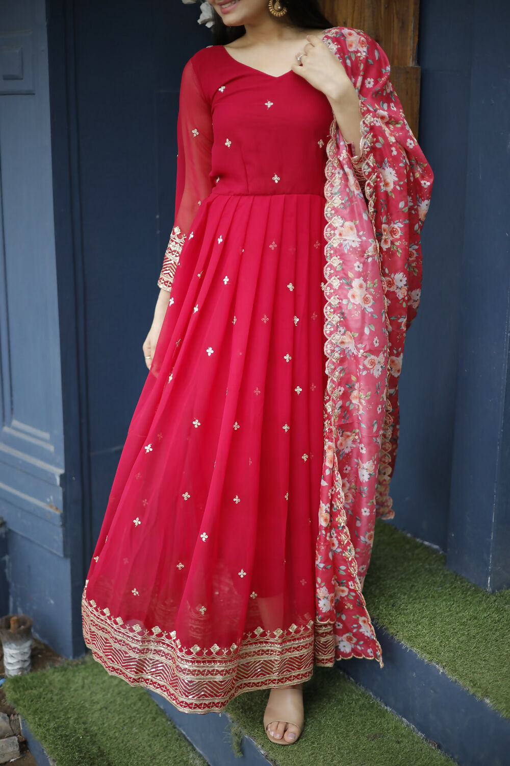 Aayaa Designer Embroidery Zari Sequins-Work Faux Blooming Georgette Suit - Red
