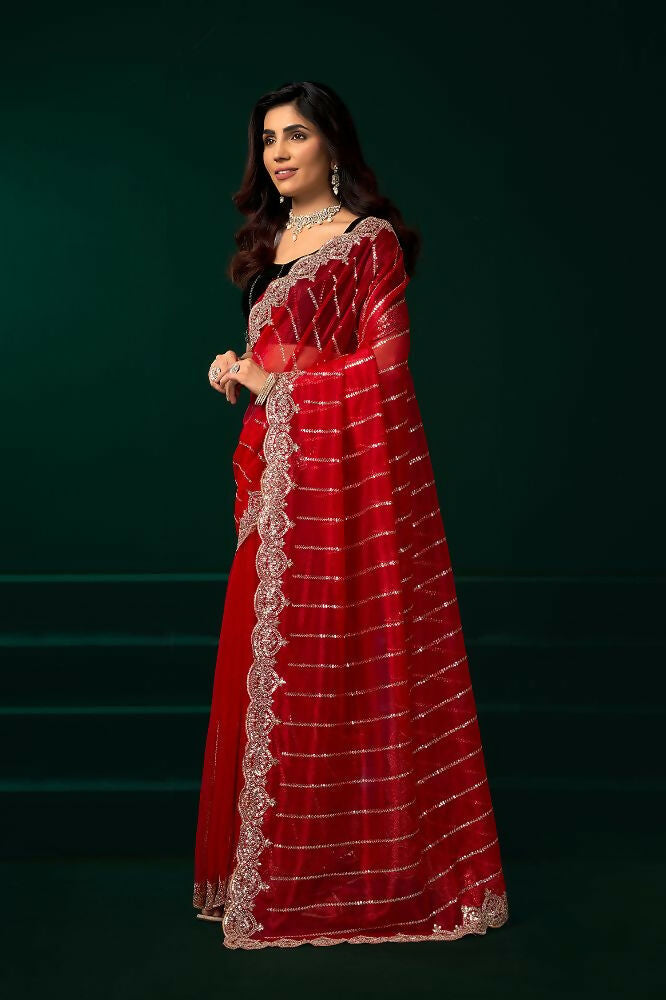 Joban Fashion Red Net Party Wear Sarees