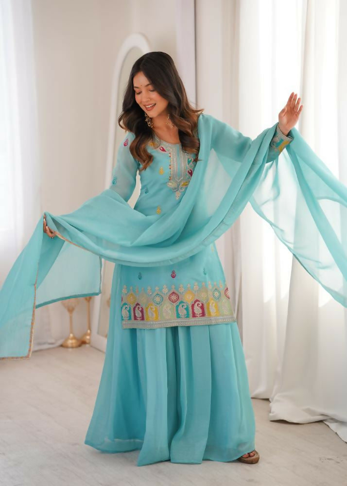Lehenga Mart Designer Sharara Suit With Kurta, Sharara, Dupatta For Women-Sky Blue