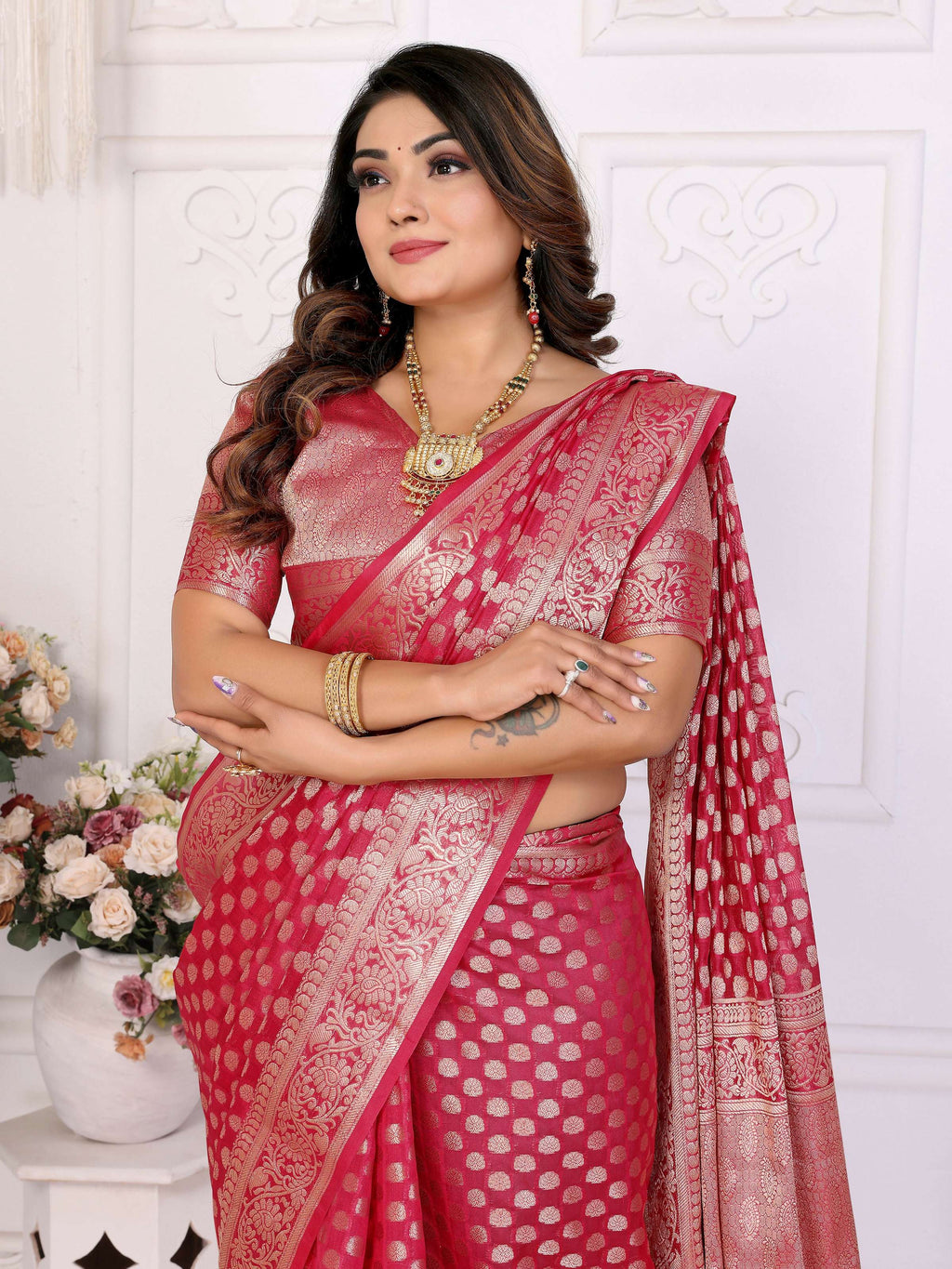 Aastha Fashion Magenta Organza Silk Weaving Saree