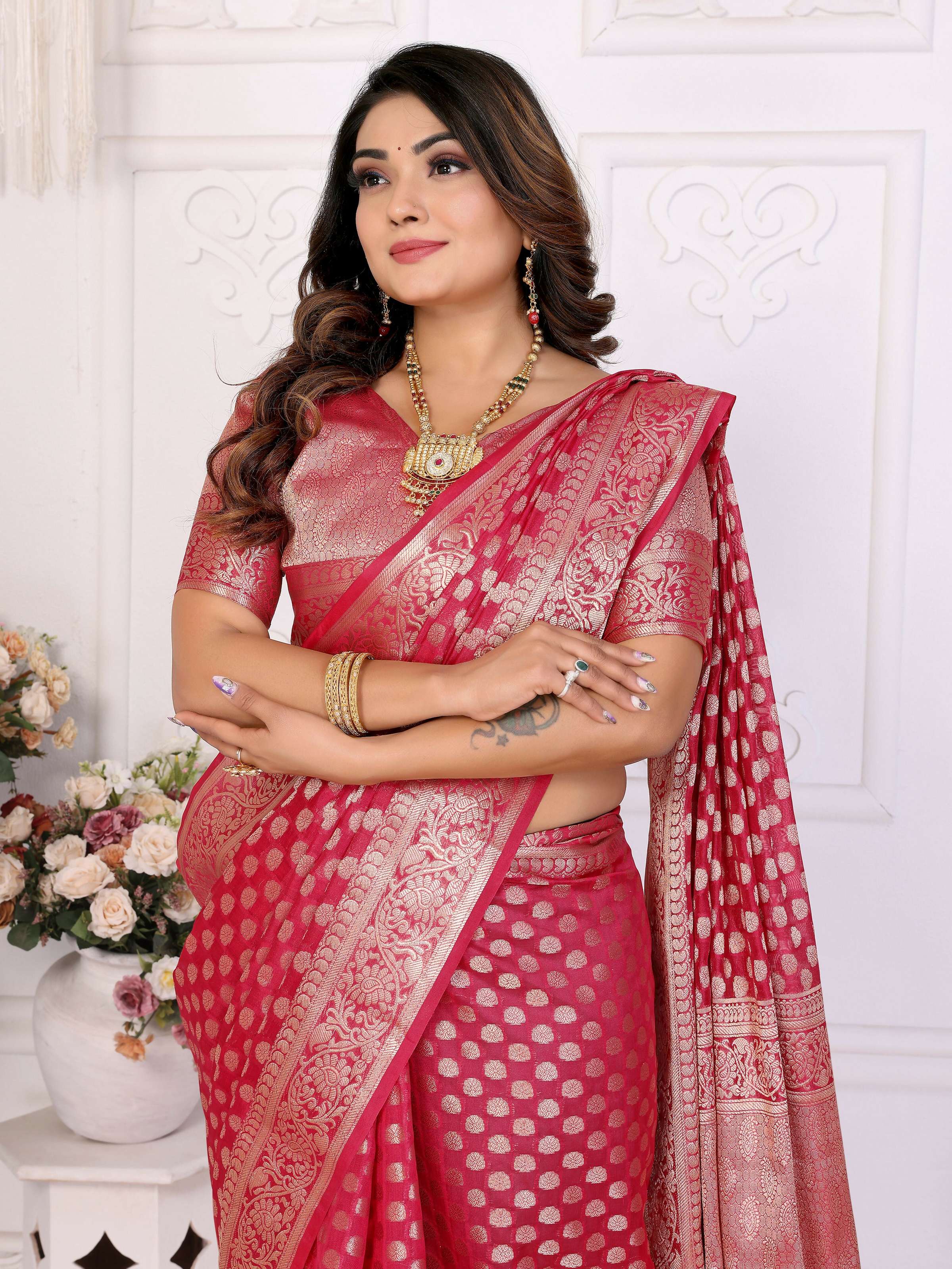 Aastha Fashion Magenta Organza Silk Weaving Saree