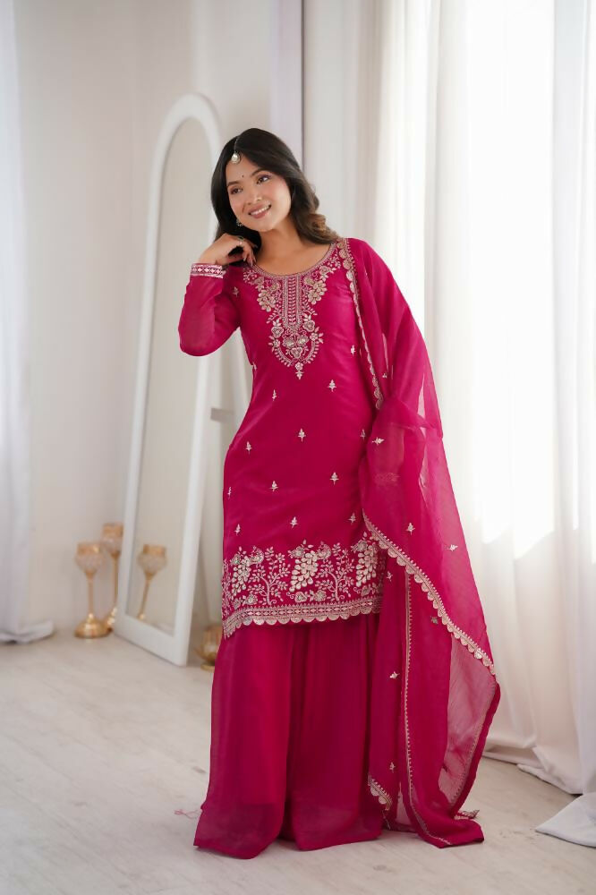 Lehenga Mart Designer Sharara Suit With Kurta, Sharara, Dupatta For Women-Dark Rani