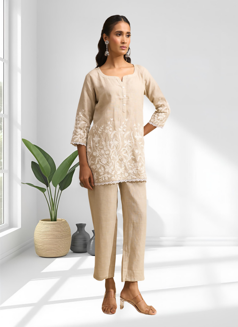 Joban Fashion Beige Linen Embroidered Readymade Cord Set
