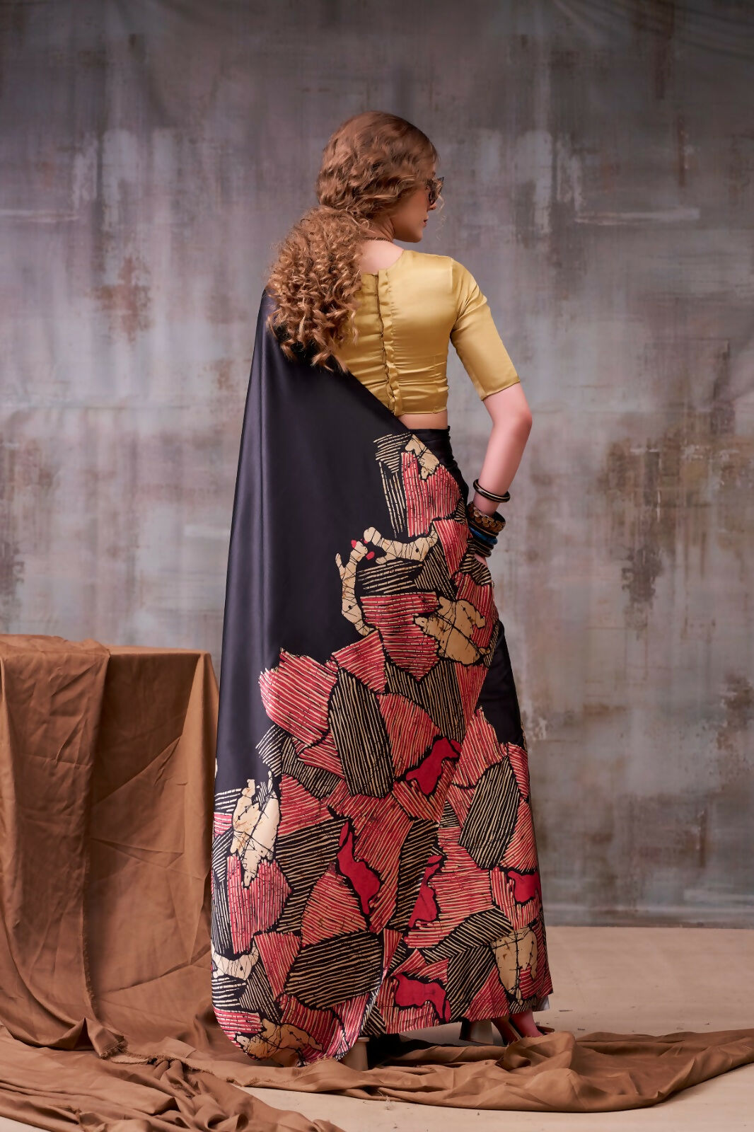 Vastranavya Black Satin Silk Printed Saree with a Natural Silk Unstitched Blouse
