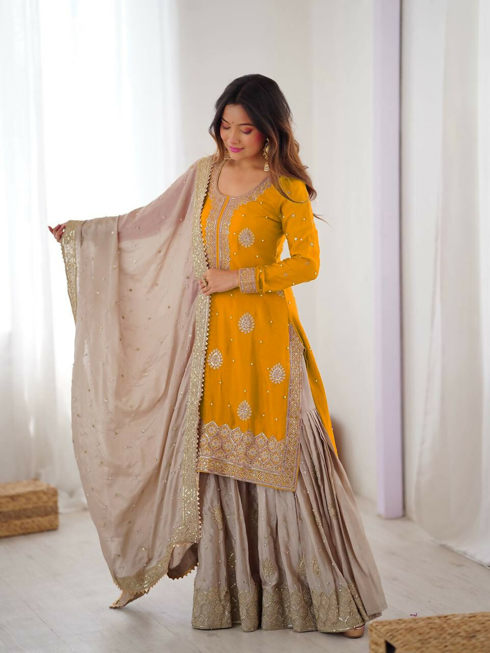 Lehenga Mart Designer Sharara Suit With Kurta, Sharara, Dupatta For Women-Yellow