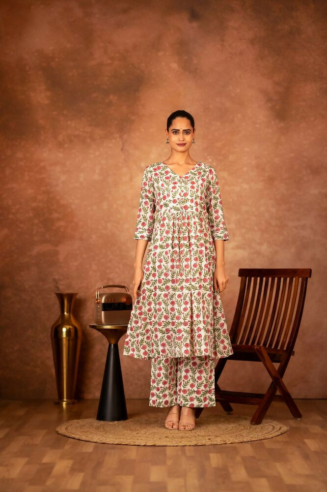 Joban Fashion Red Green Hand Block Printed Cotton Suit Set