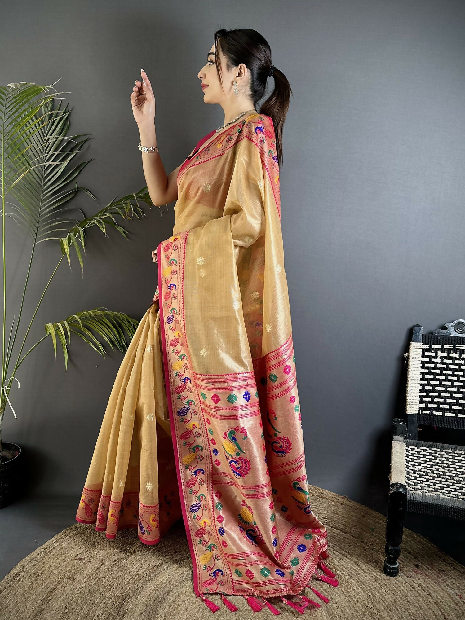 Joban Fashion Beige Zari Weaving Tissue Paithani Saree