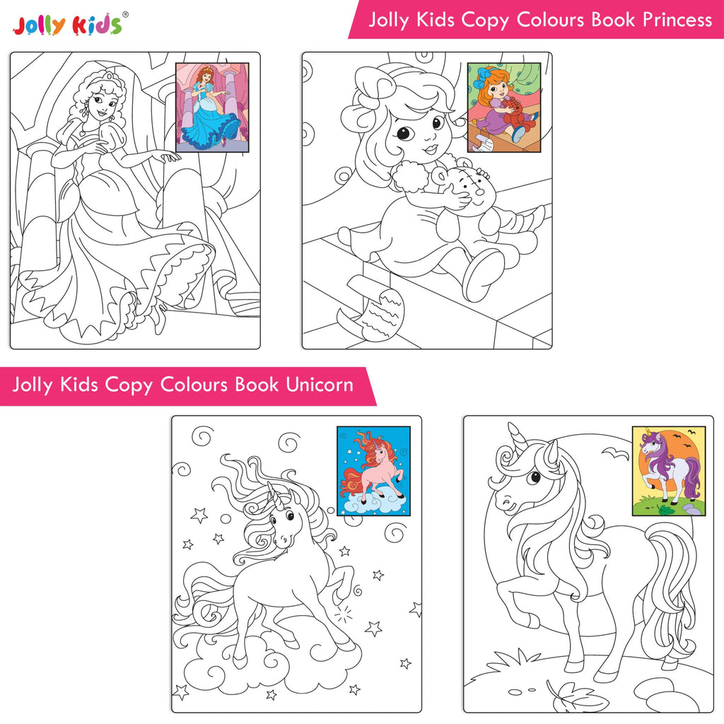 Jolly Kids Copy Colour Books Set of 8| Colouring Books: Animals, Flowers, Dinosaurs, Mermaid, Ocean, Pirates, Princess & Unicorn| Ages 3-10 years