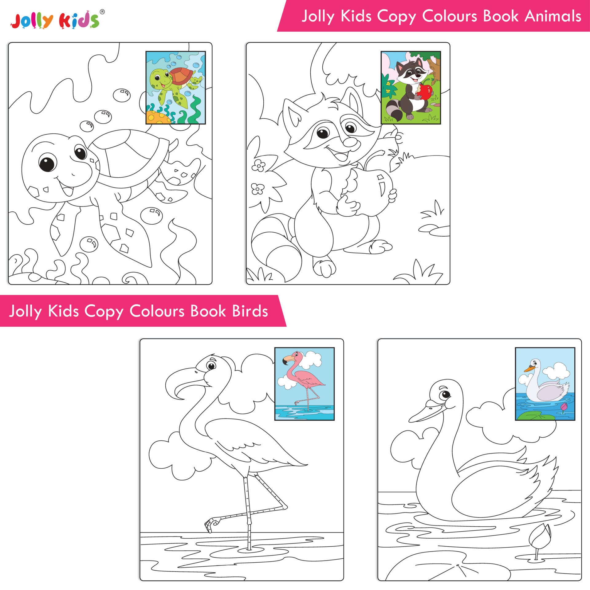 Jolly Kids Copy Colour Books Set of 8| Colouring Books: Animals, Flowers, Dinosaurs, Mermaid, Ocean, Pirates, Princess & Unicorn| Ages 3-10 years