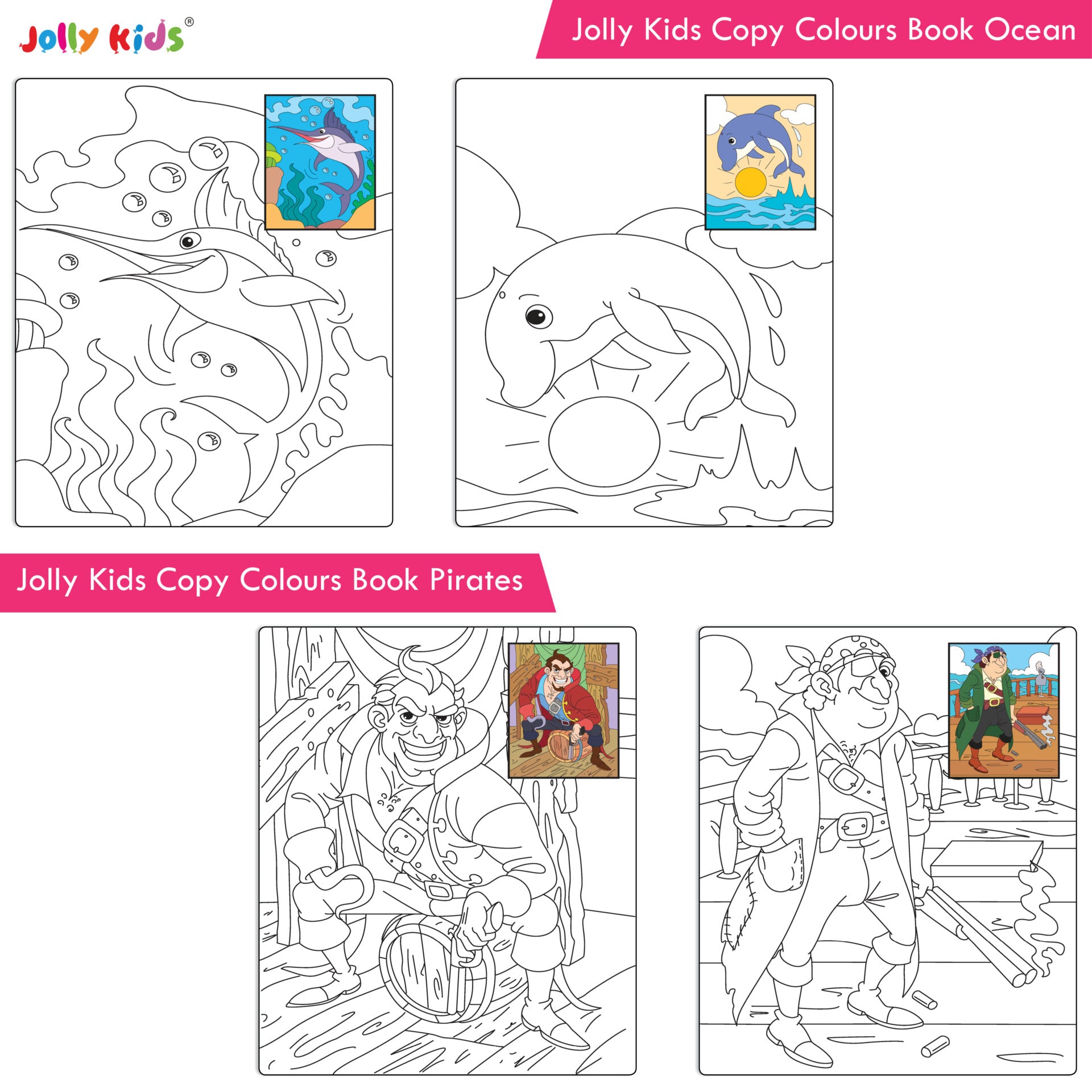 Jolly Kids Copy Colour Books Set of 8| Colouring Books: Animals, Flowers, Dinosaurs, Mermaid, Ocean, Pirates, Princess & Unicorn| Ages 3-10 years