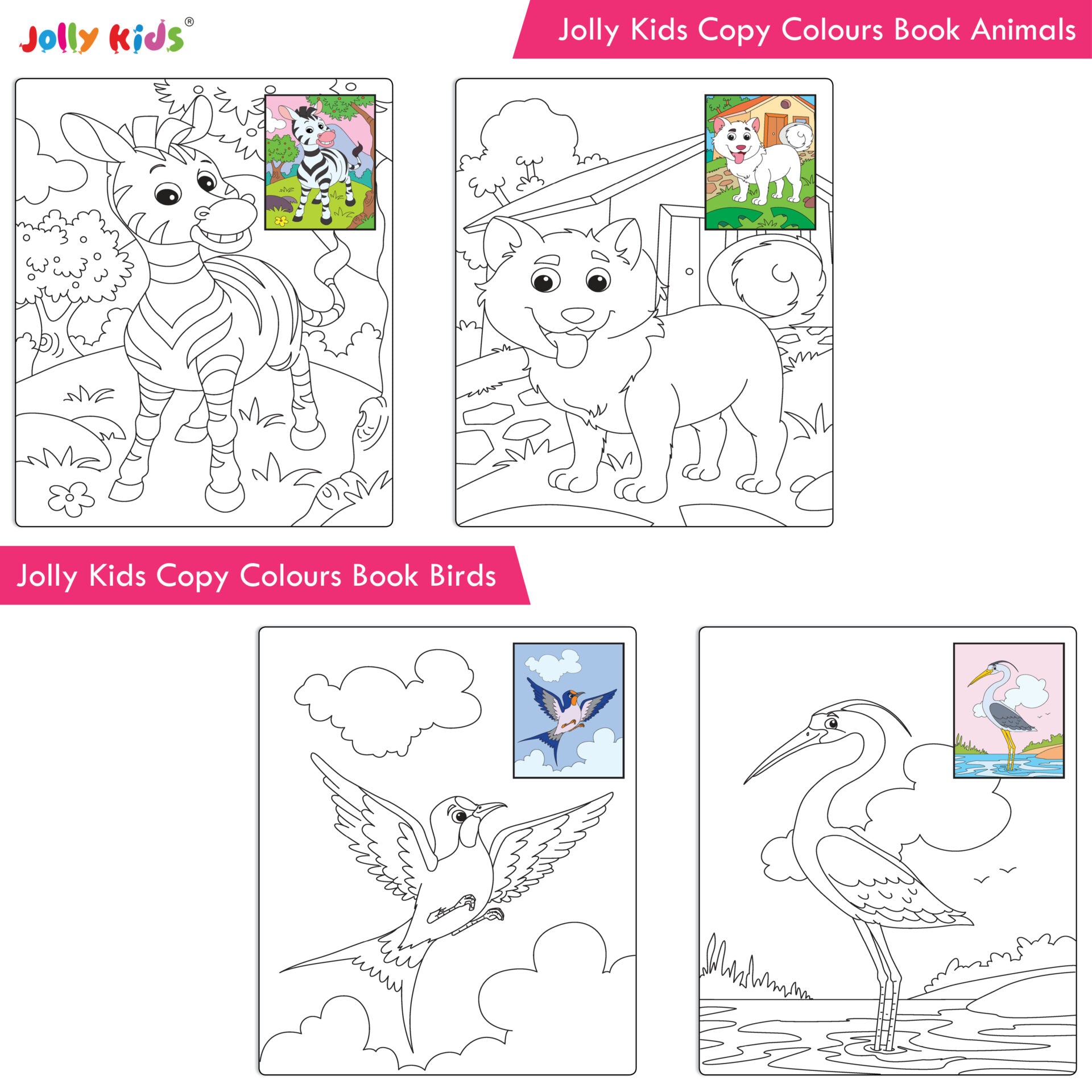 Jolly Kids Copy Colour Books Set of 8| Colouring Books: Animals, Flowers, Dinosaurs, Mermaid, Ocean, Pirates, Princess & Unicorn| Ages 3-10 years