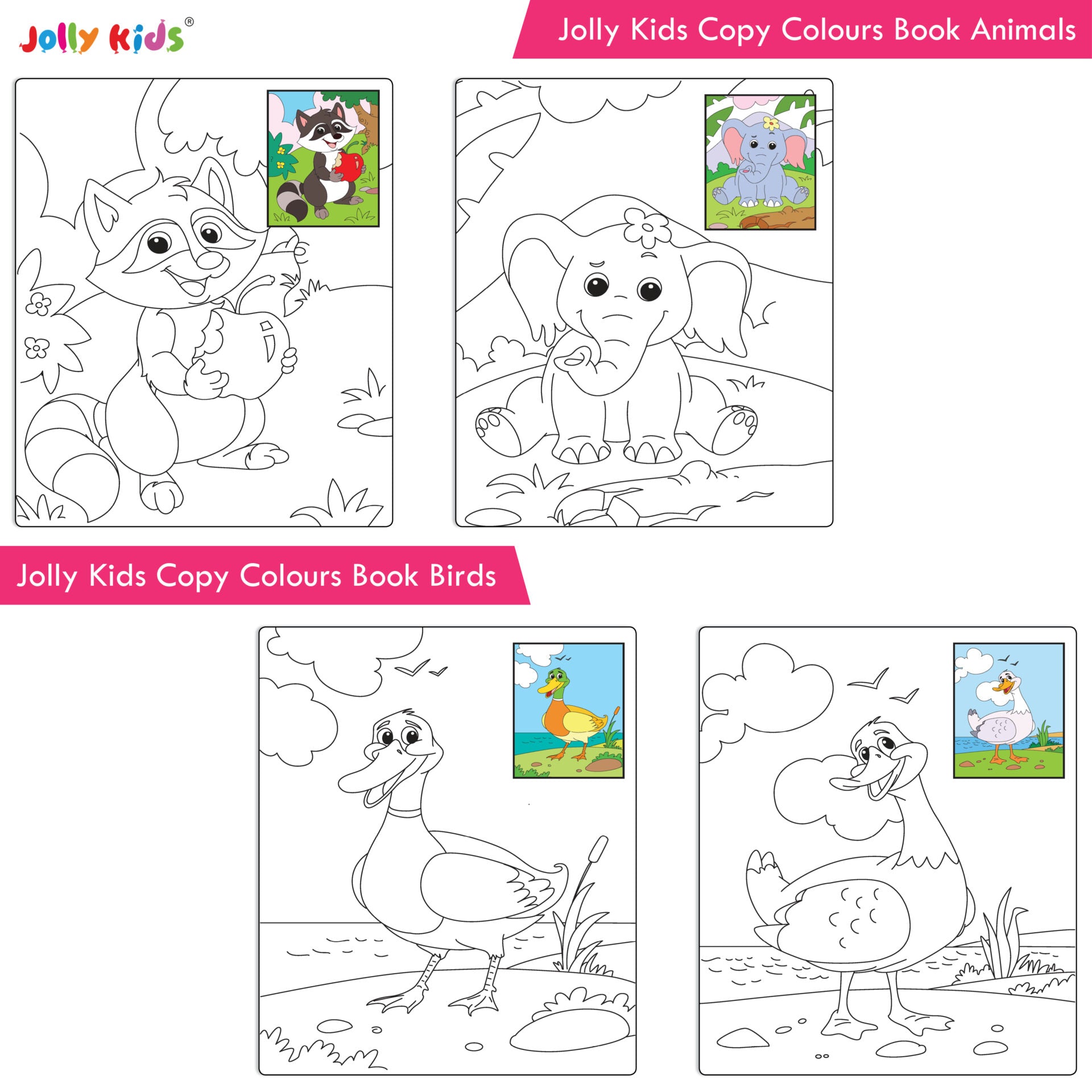 Jolly Kids Big Copy Colour Books Set of 8| Colouring Theme Animals, Flowers, Dinosaurs, Mermaid, Ocean, Pirates, Princess & Unicorn Ages 3-10 Years