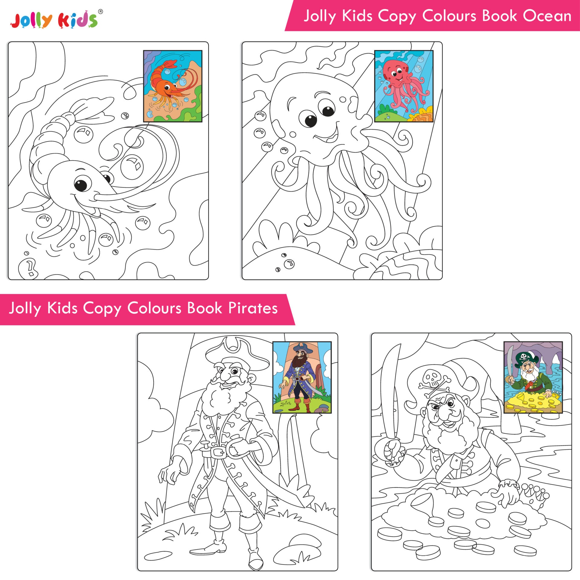 Jolly Kids Big Copy Colour Books Set of 8| Colouring Theme Animals, Flowers, Dinosaurs, Mermaid, Ocean, Pirates, Princess & Unicorn Ages 3-10 Years