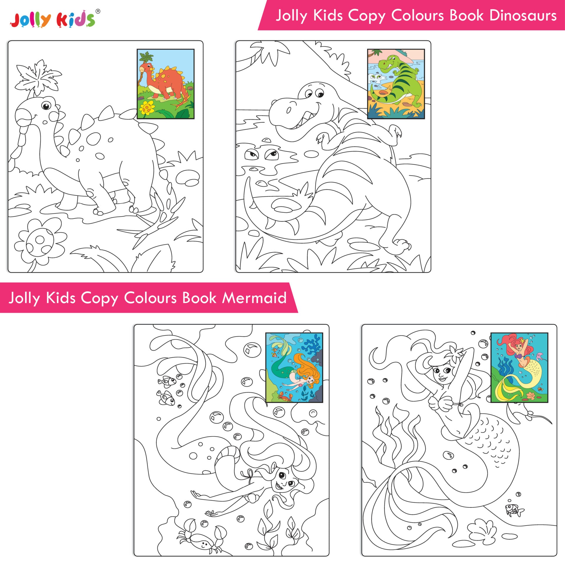 Jolly Kids Big Copy Colour Books Set of 8| Colouring Theme Animals, Flowers, Dinosaurs, Mermaid, Ocean, Pirates, Princess & Unicorn Ages 3-10 Years