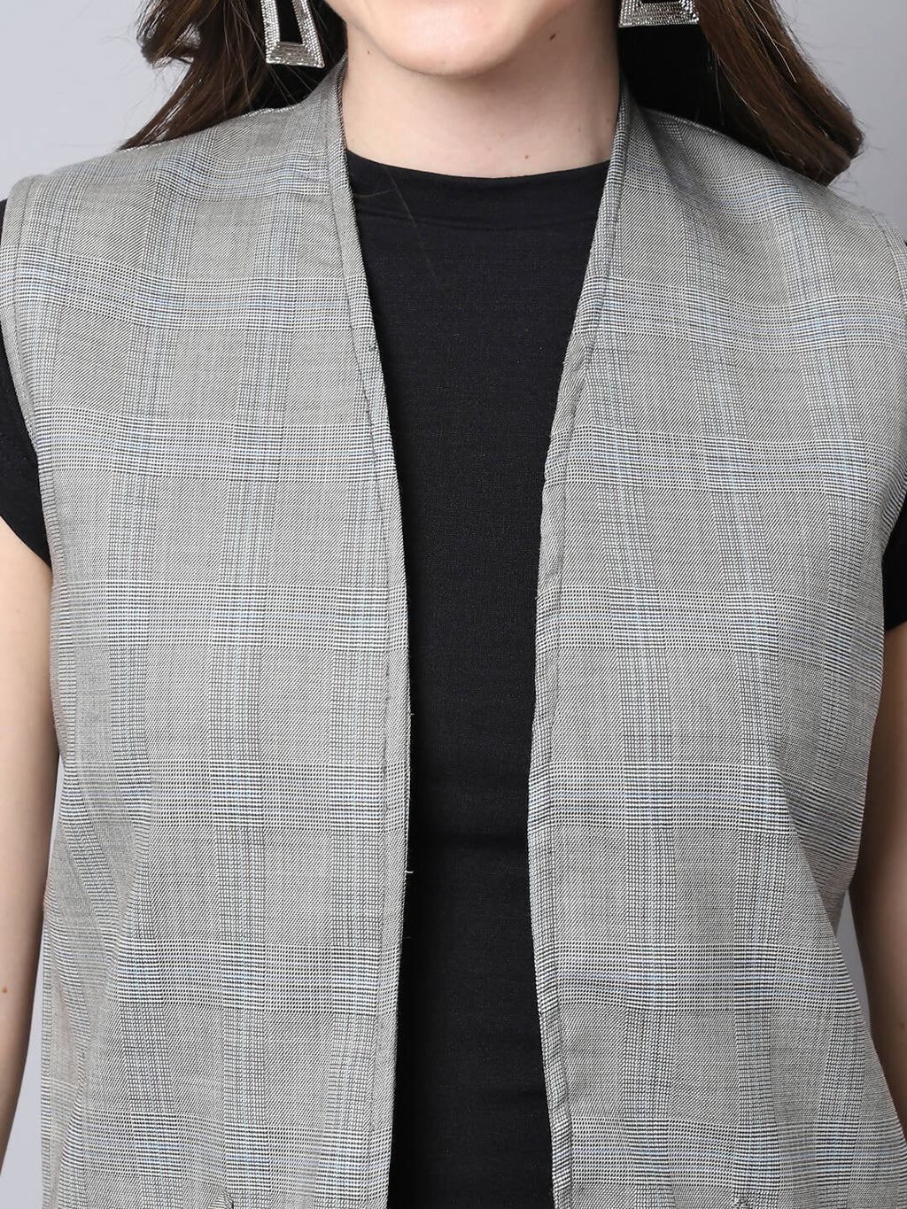 Even Apparels Grey Polywool Open Front Checked Women's Long Coat