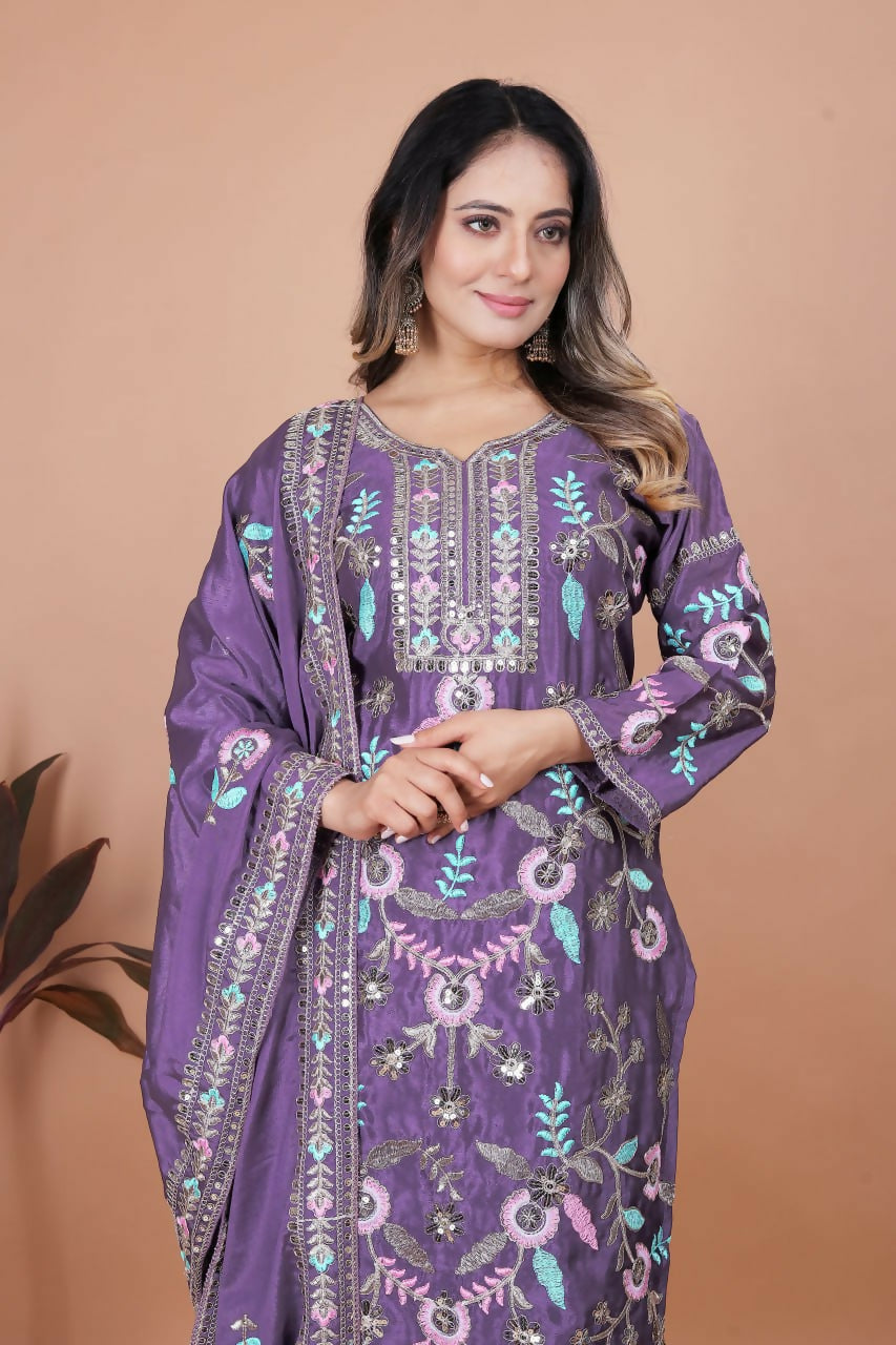Joban Fashion Purple Silk Embroidered Kurti Set
