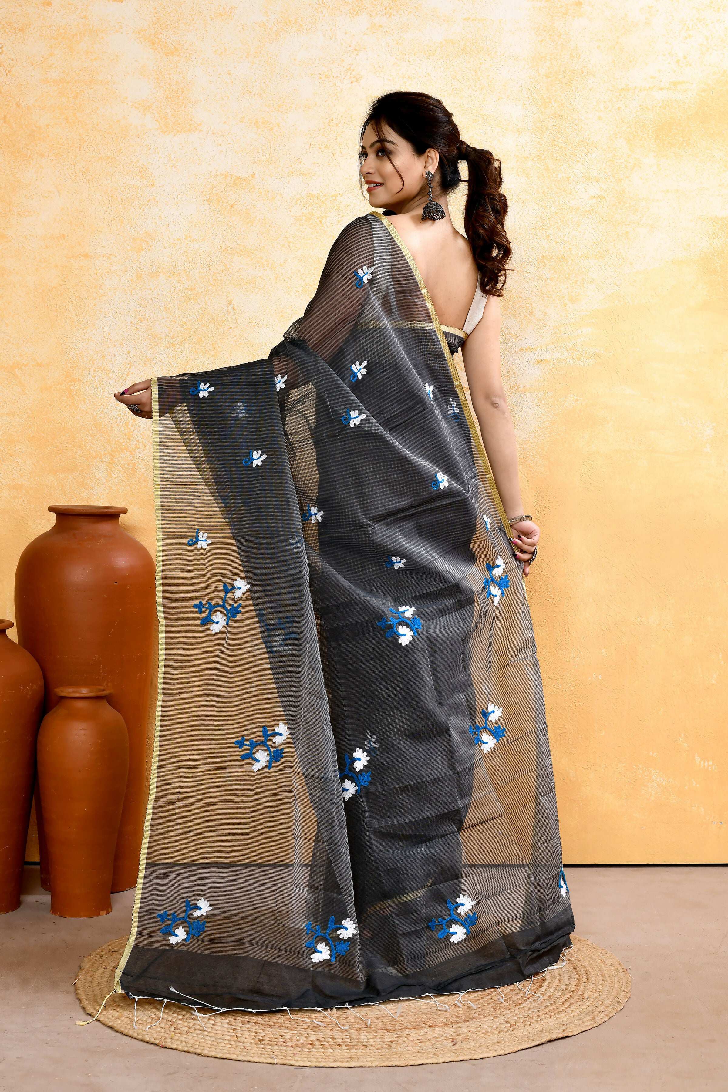 Piyari Fashion Women's Grey Embellished Cotton Blend Embroidery Saree
