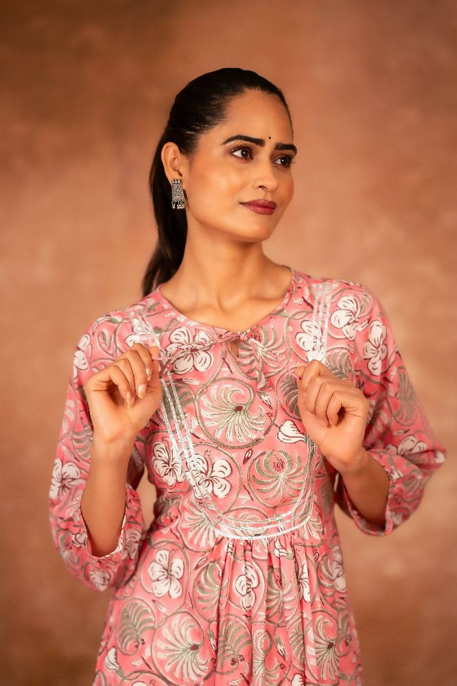 Joban Fashion Pink Floral Hand Block Printed Cotton Kurta Pant Set