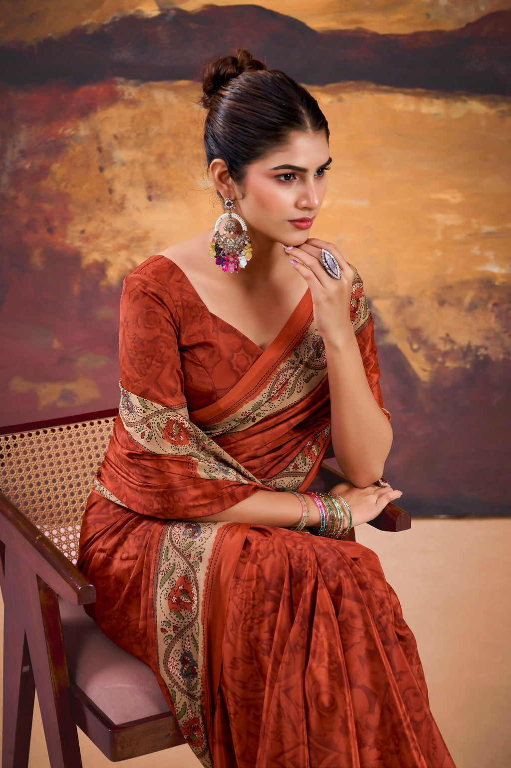 Vastranavya Orange Crepe Printed Saree with Unstitched Blouse