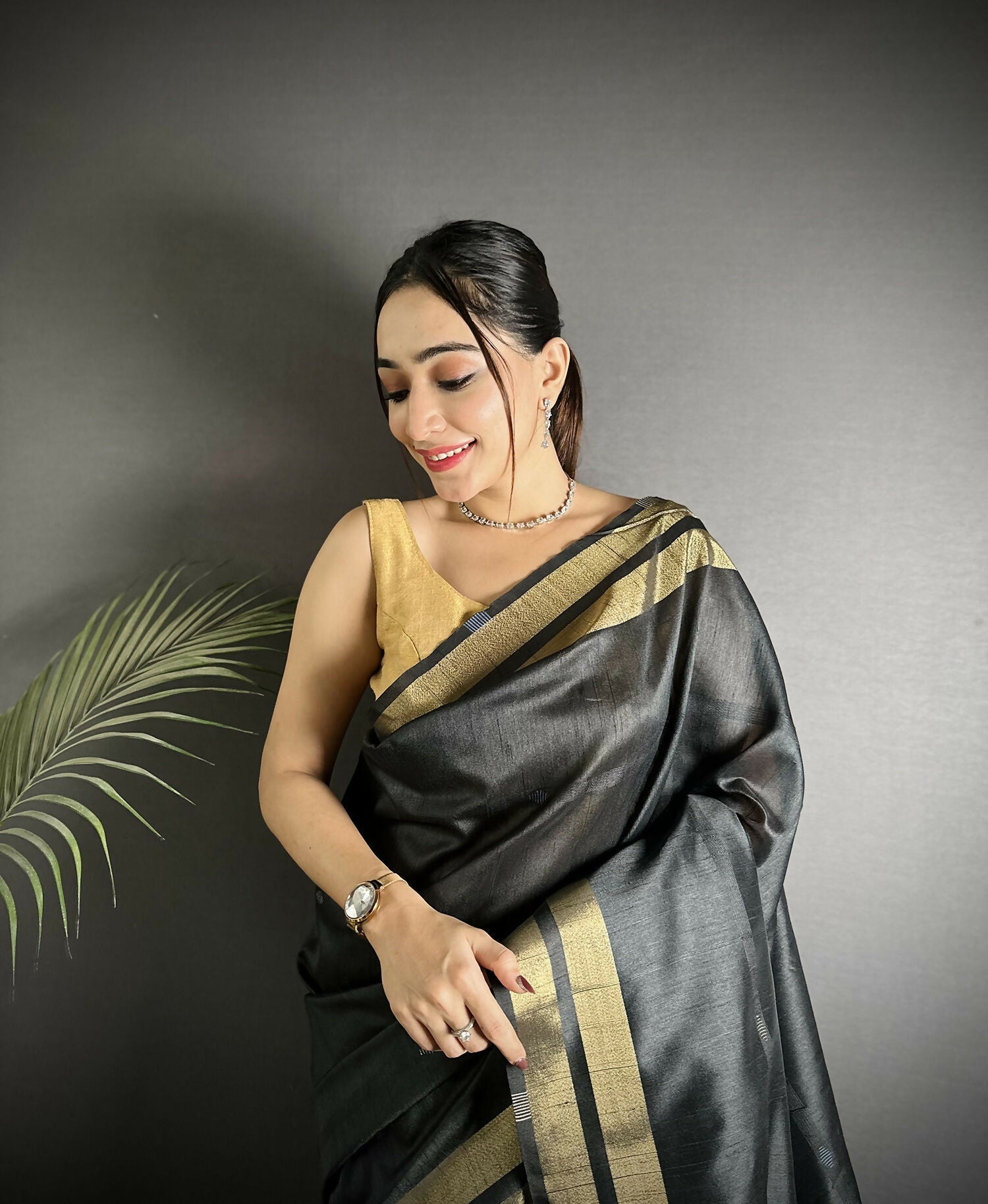 Joban Fashion Black Woven Pattern Raw Silk Kanjivaram Silk Saree