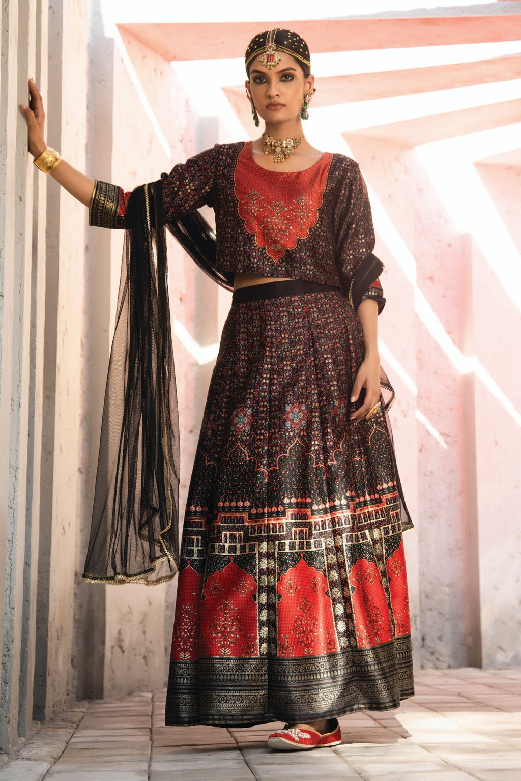 Juniper Black Ethnic Motif Printed Dull Satin Lehenga Choli & Net Dupatta Set