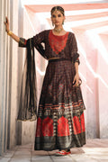 Juniper Black Ethnic Motif Printed Dull Satin Lehenga Choli & Net Dupatta Set