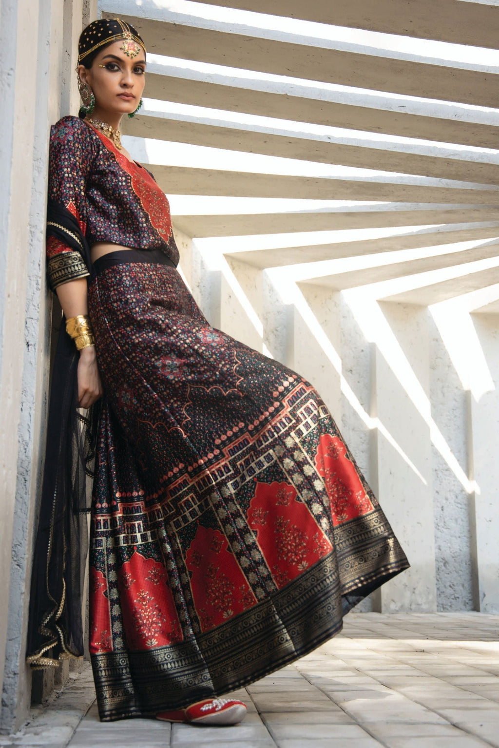 Juniper Black Ethnic Motif Printed Dull Satin Lehenga Choli & Net Dupatta Set