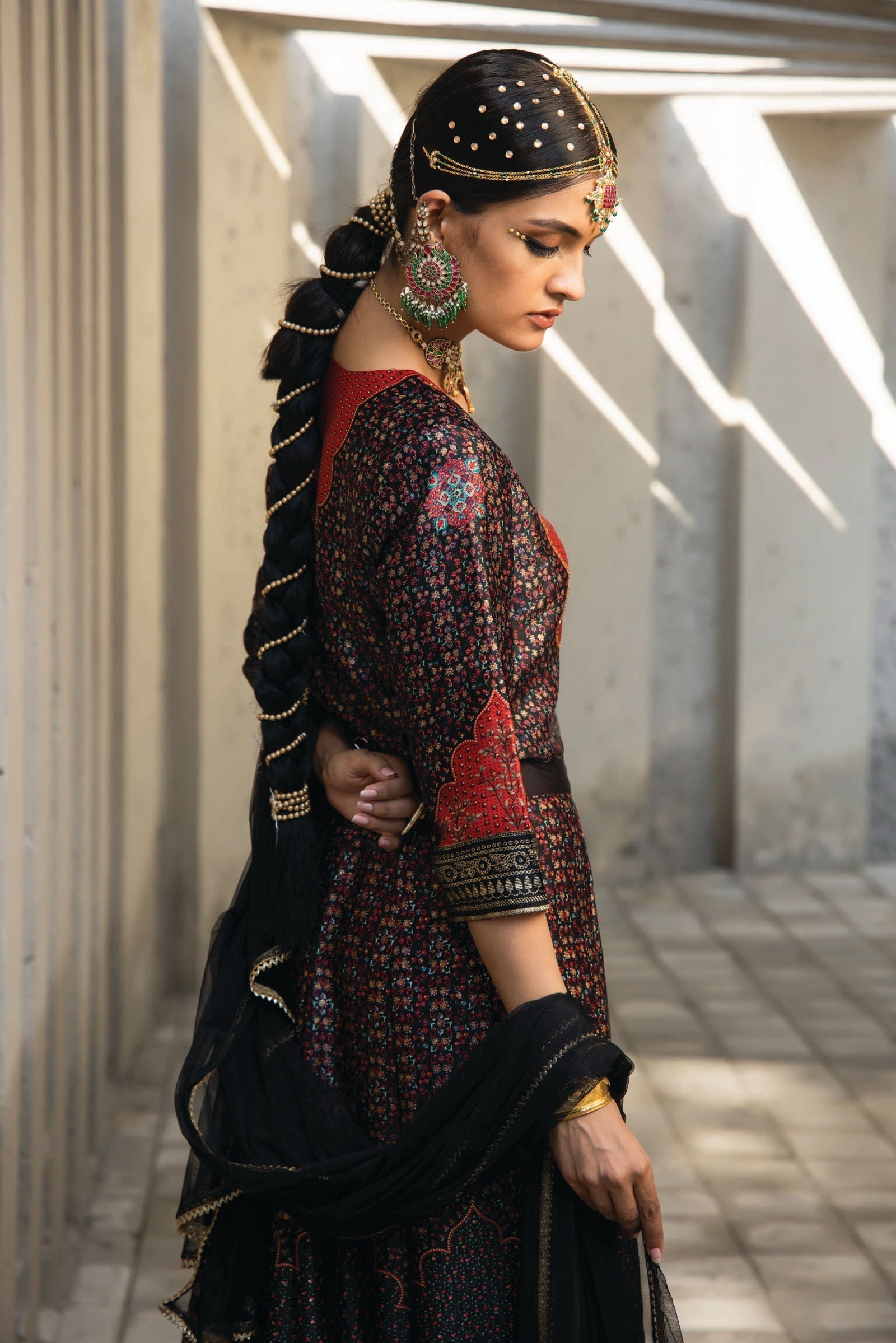 Juniper Black Ethnic Motif Printed Dull Satin Lehenga Choli & Net Dupatta Set