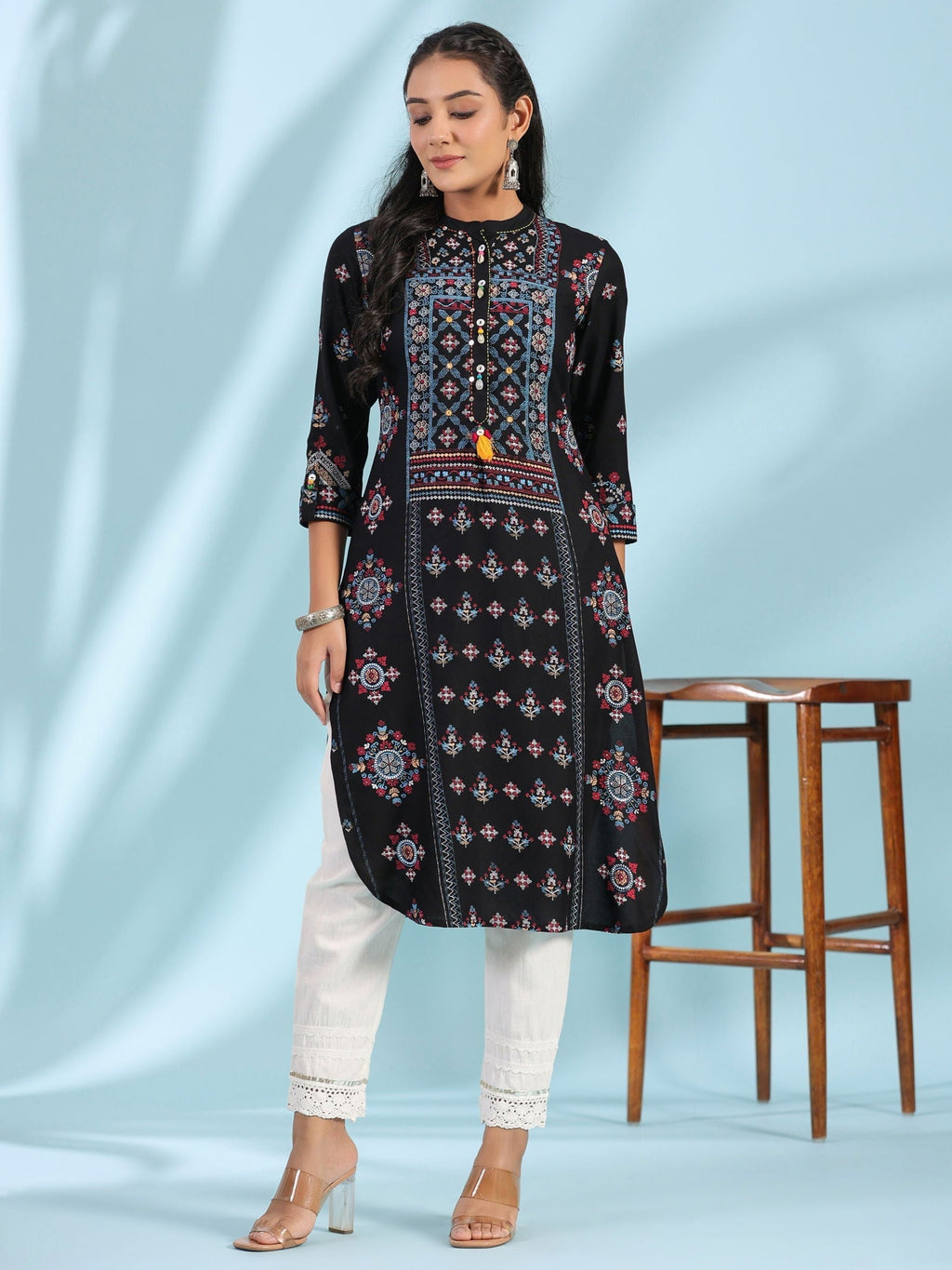 Juniper Black Ethnic Motif Printed Rayon Calf Length Straight Kurta With Kaudis Kantha Work & Sequins