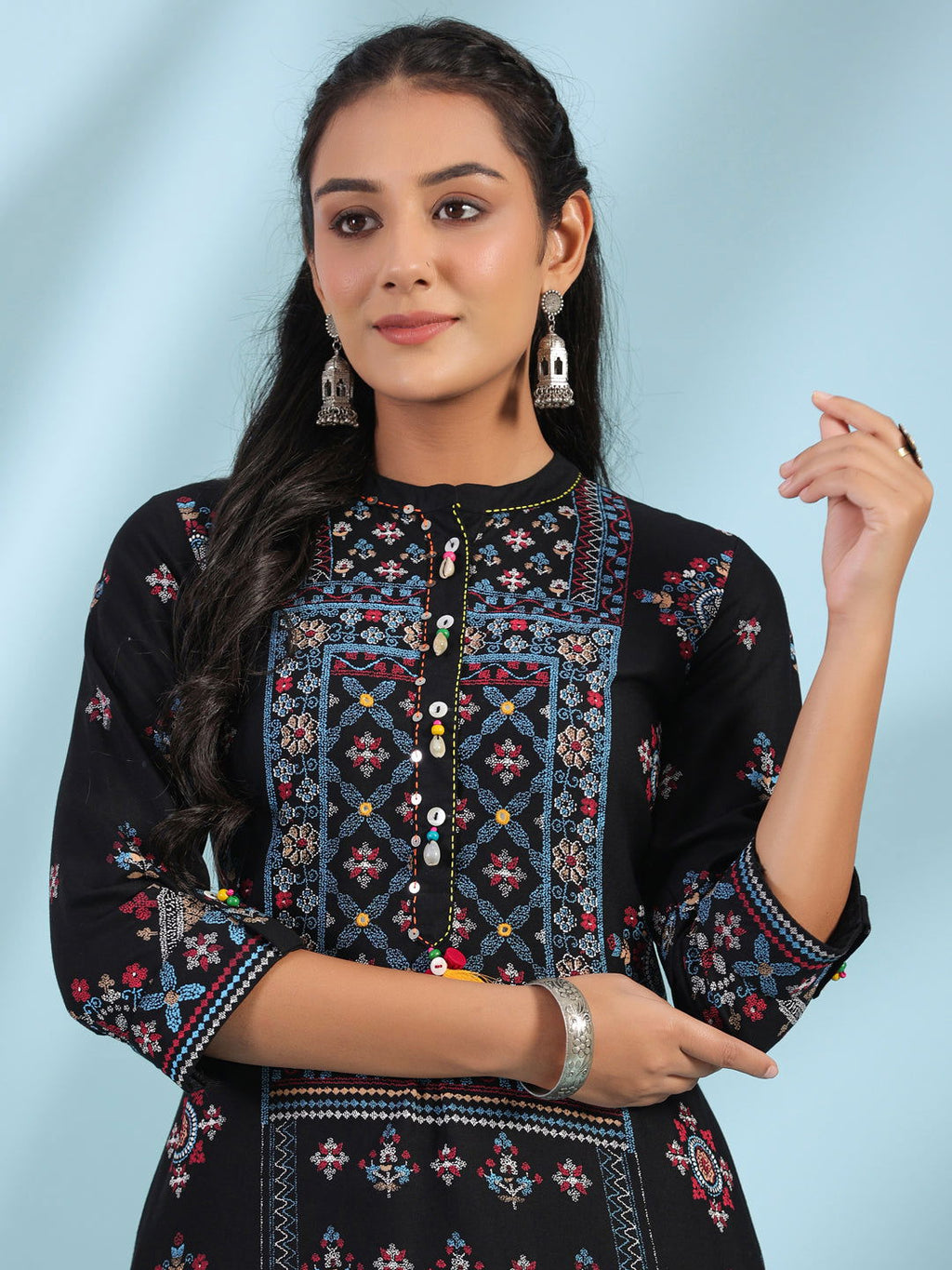 Juniper Black Ethnic Motif Printed Rayon Calf Length Straight Kurta With Kaudis Kantha Work & Sequins