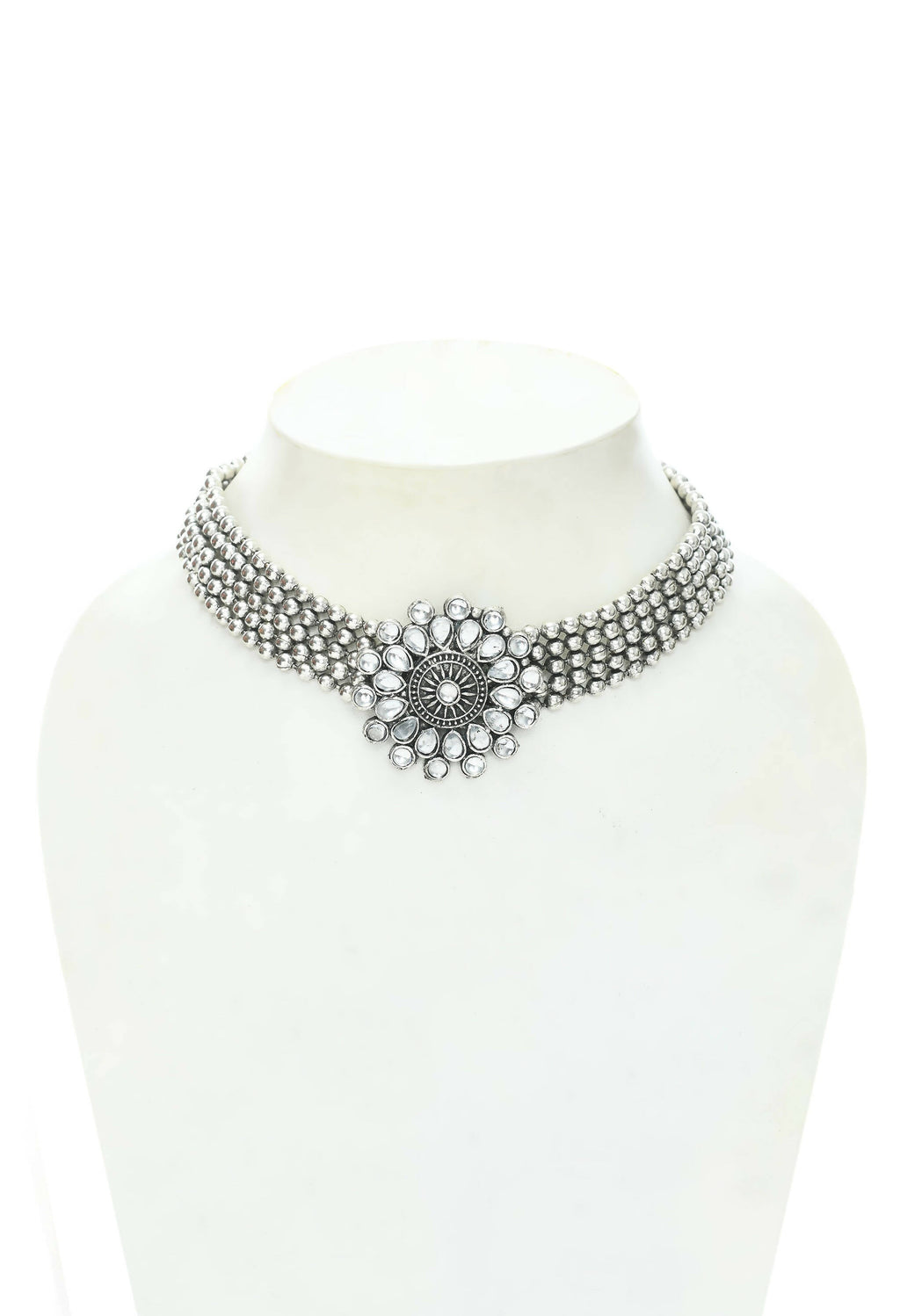 Mominos Fashion Johar Kamal Oxidised Silver-Plated Brass Finish Kundan Choker For Women (Silver)