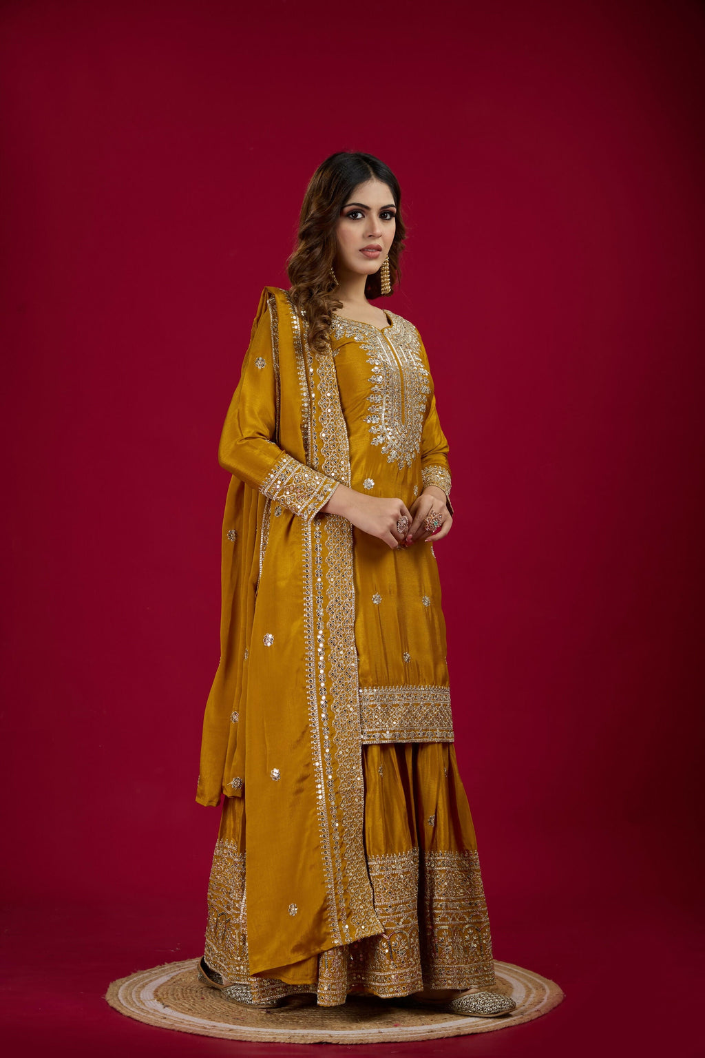 Joban Fashion Yellow Kurta Set Silk Sequins , Zari, Coding & Thread Embroidered work