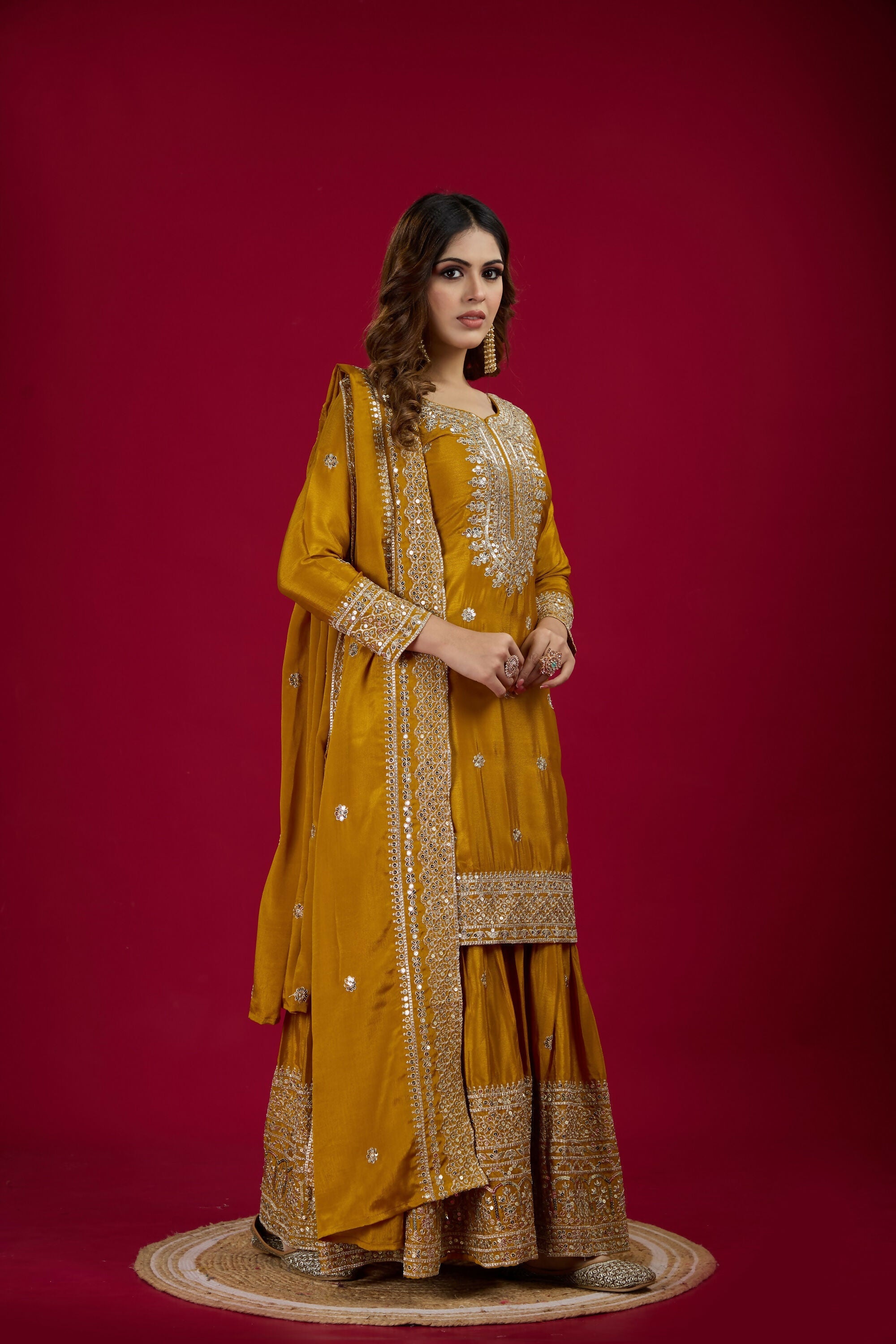 Joban Fashion Yellow Kurta Set Silk Sequins , Zari, Coding & Thread Embroidered work