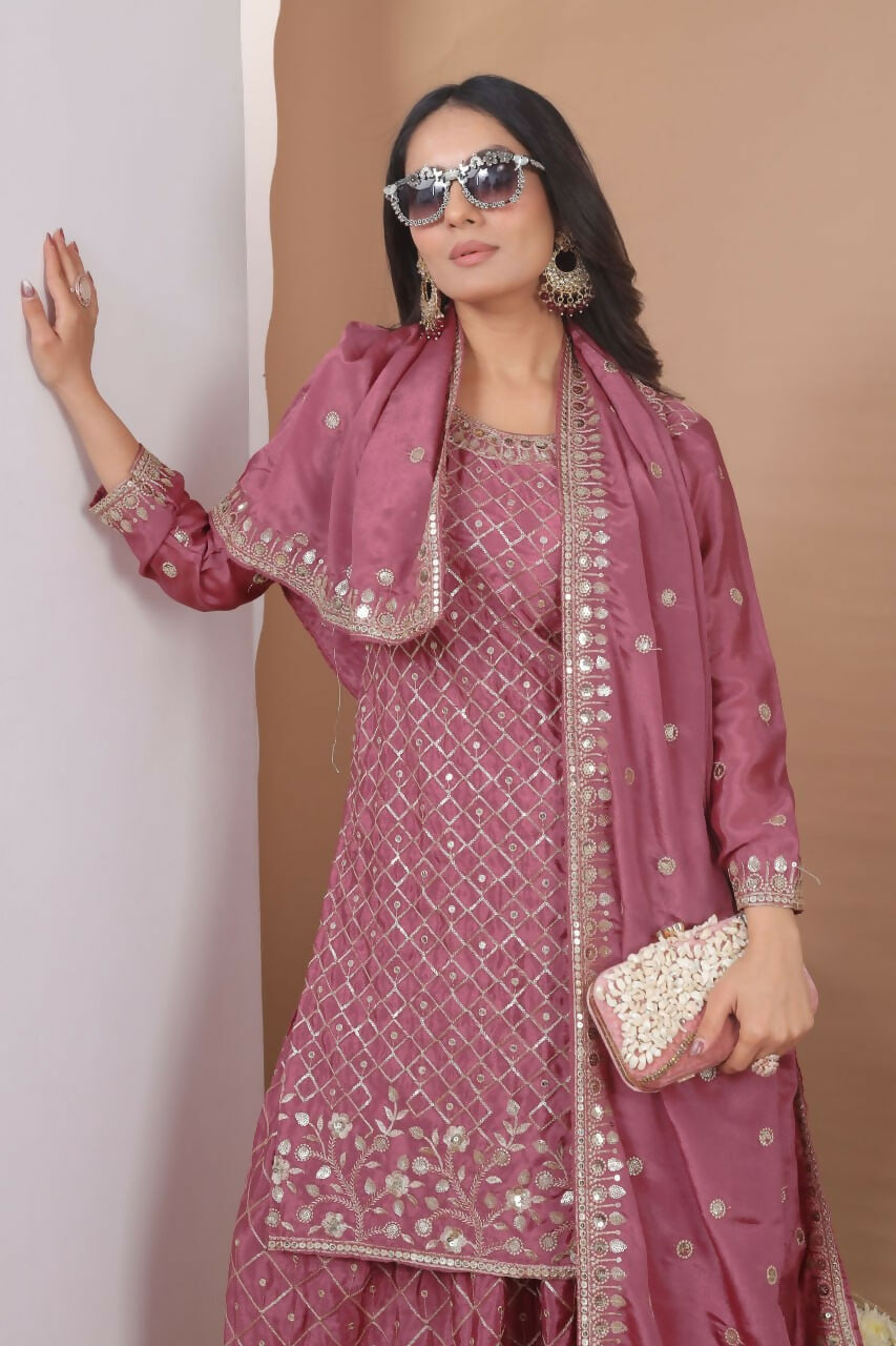 Teeya Creation Dark Onion Color Chinon Silk Wedding Wear Trending Palazzo Set
