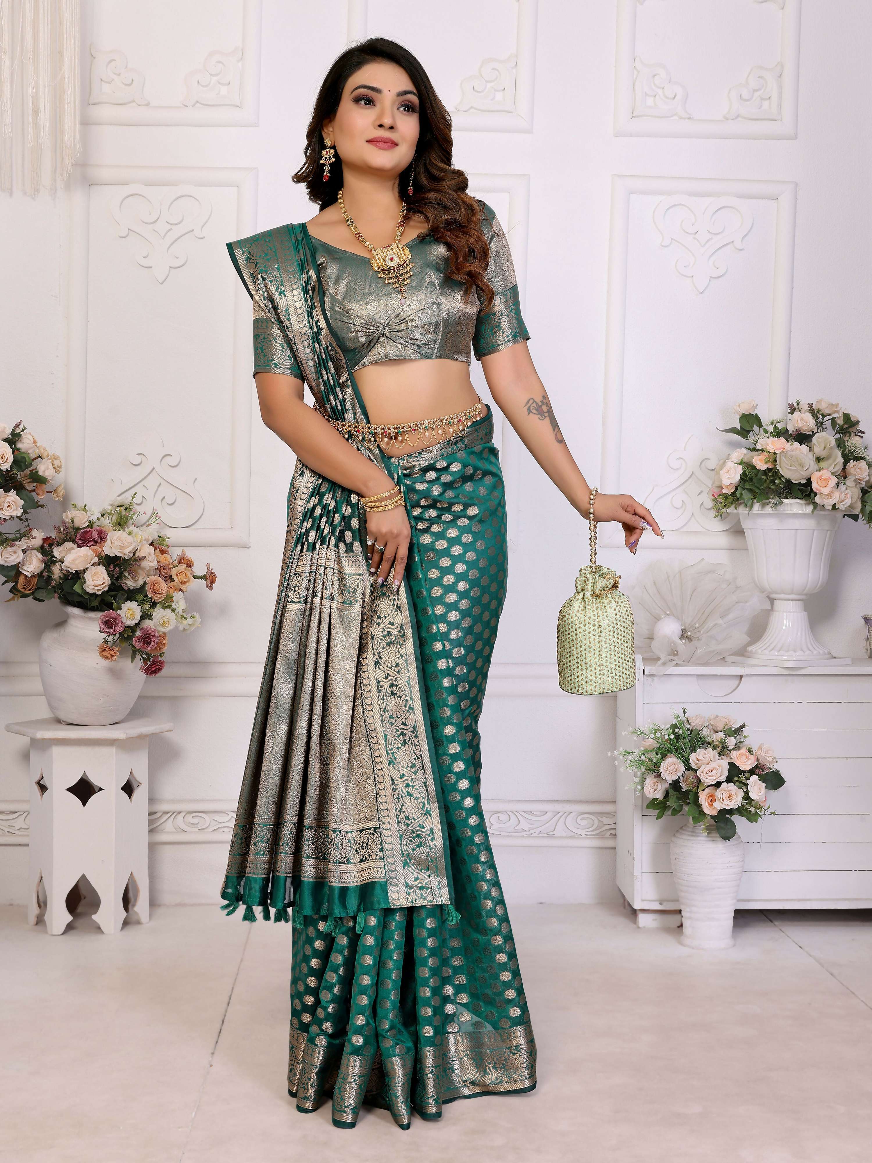 Aastha Fashion Green Organza Silk Weaving Saree