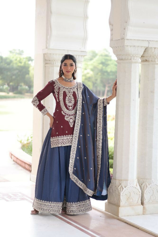 Joban Fashion Maroon Kurta Set Silk Sequins , Zari, Coding & Thread Embroidered work