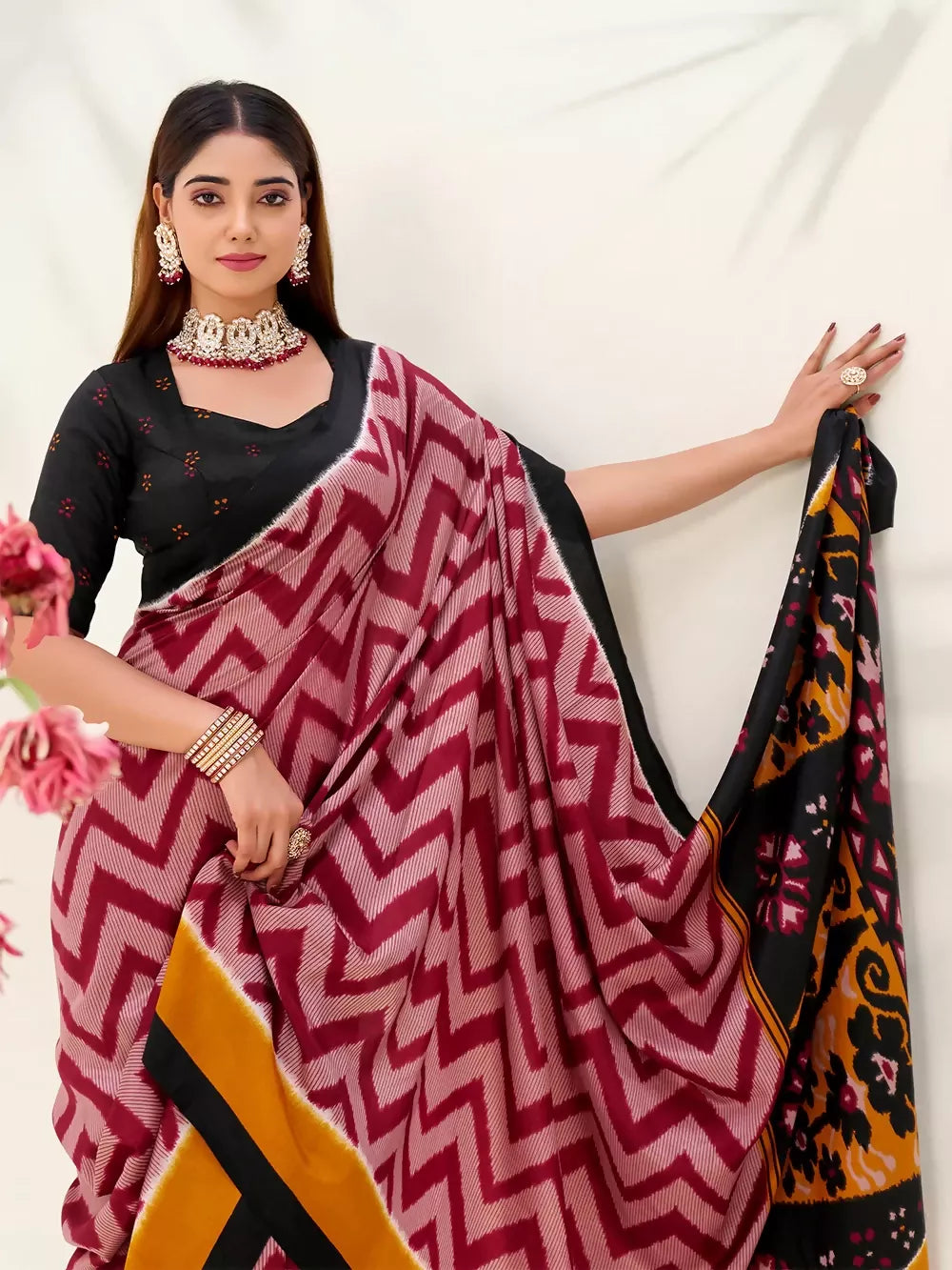 Vastranavya Maroon Tussar Silk Zigzag Waves Printed Saree with Unstitched Blouse