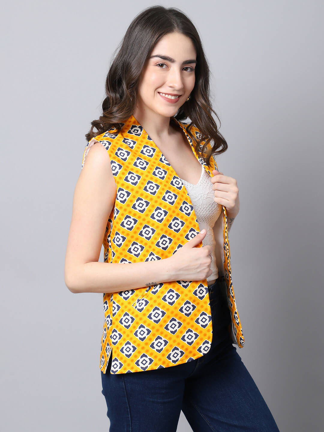 Even Apparels Yellow 100% Viscose Rayon Open Front Gillet