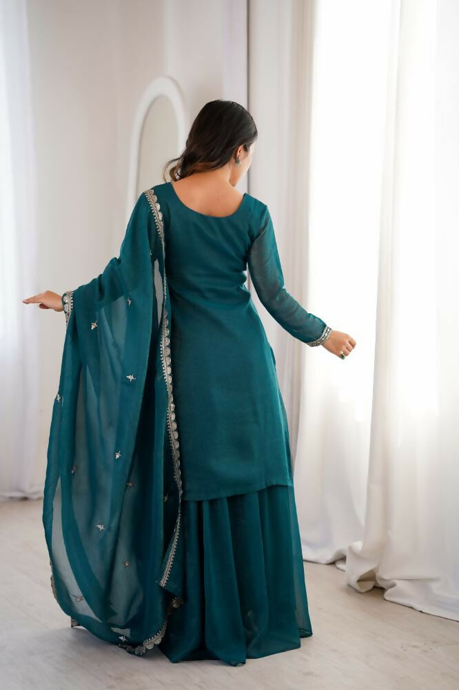 Lehenga Mart Designer Sharara Suit With Kurta, Sharara, Dupatta For Women-Teal Blue