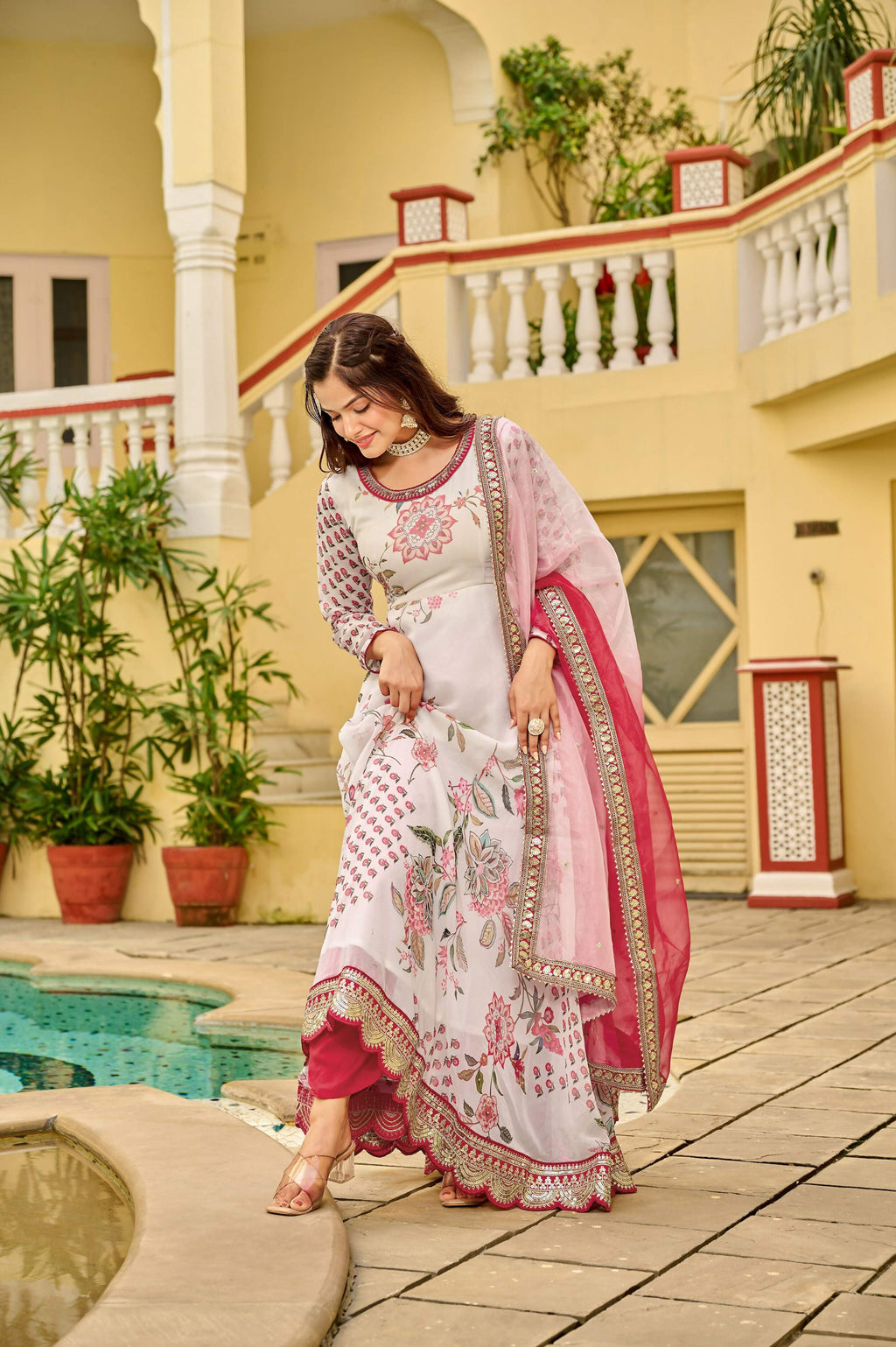 Joban Fashion Pink/white Kurta Set Georgette Embroidery Sequence Work