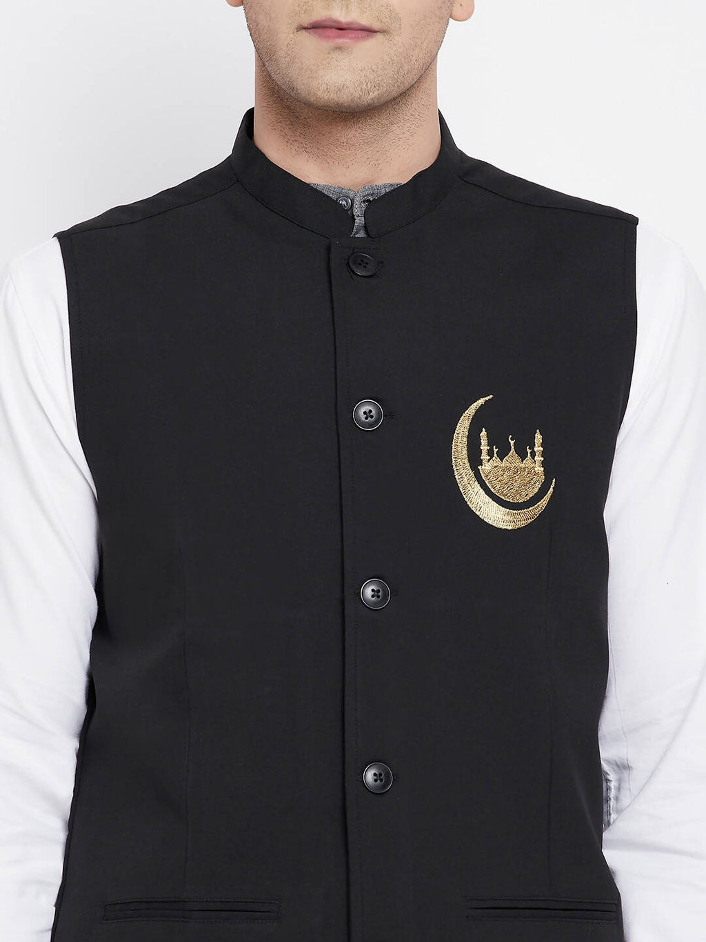 Even Apparels Black Pure Cotton Nehru Jacket With Eid Insignia NJ-PW668-CHA