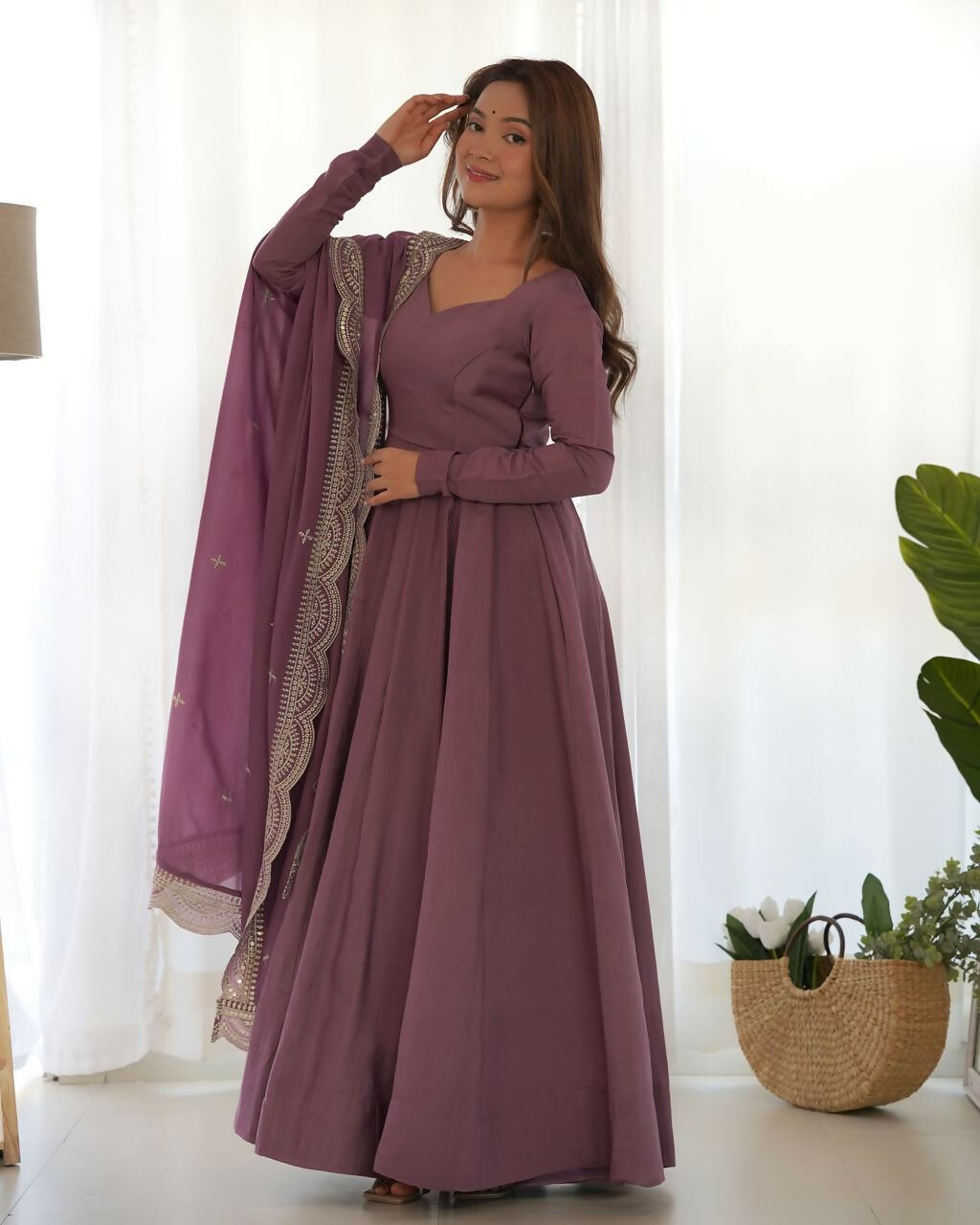 Lehenga Mart Designer Anarkali Suit With Kurta, Pant, Dupatta For Women-Mauve Pink