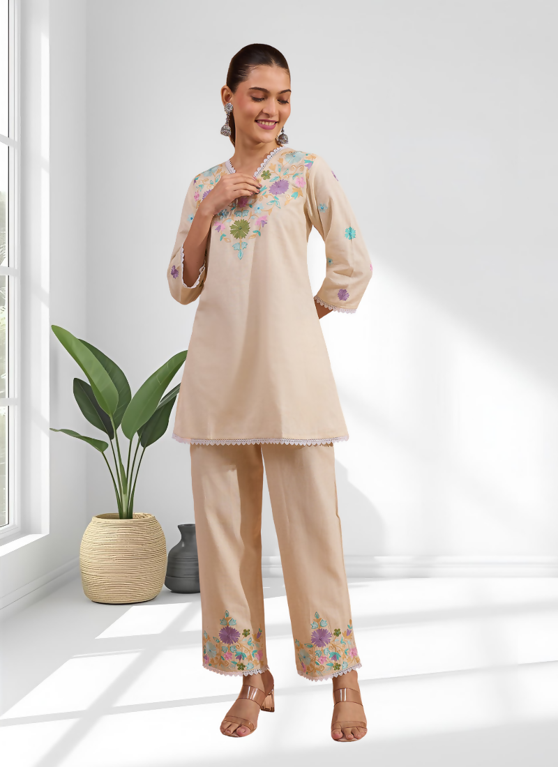 Joban Fashion Cream Linen Embroidered Readymade Cord Set