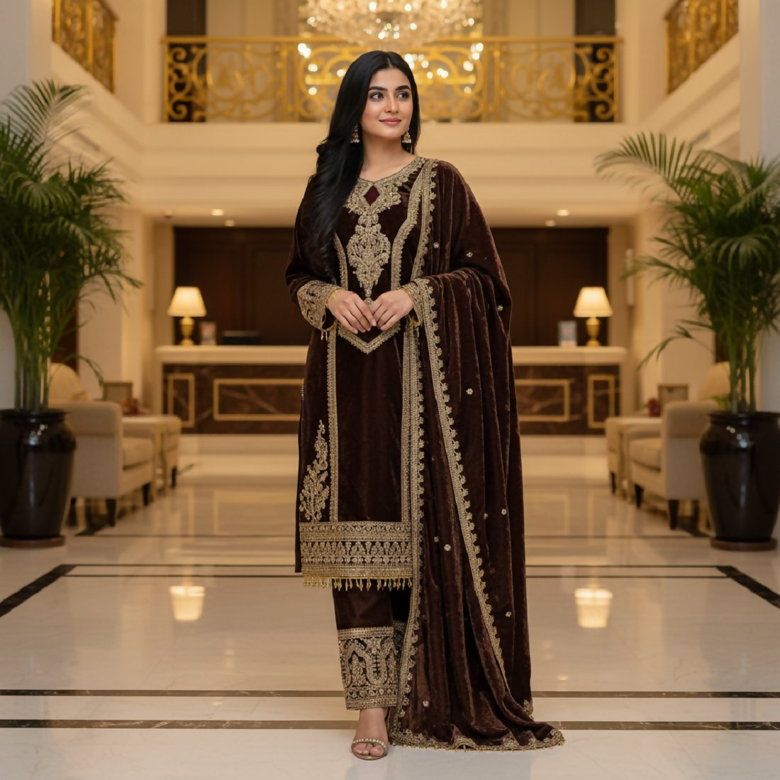 Joban Fashion Coffee Kurta Set Velvet Embroidery Sequence Work