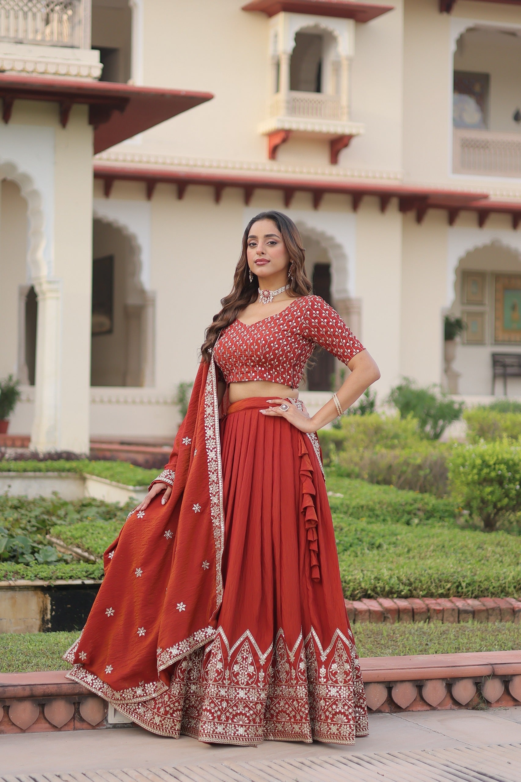 Prazu Fashion Dark Red Vichitra Silk With Heavy Sequins & Thread Lehenga Choli