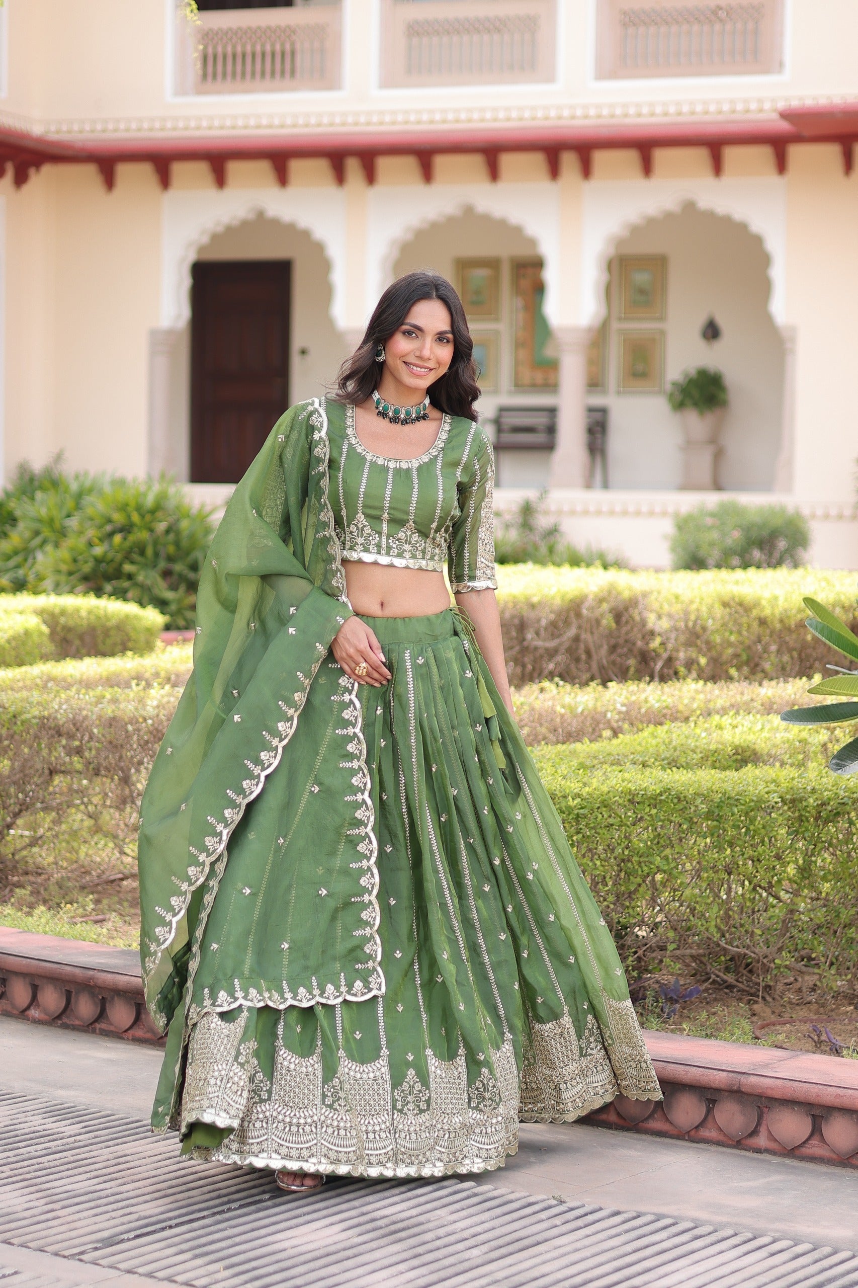 Prazu Fashion Mahendi Gold Crush With Sequins & Zari Embroidered Work Lehenga Choli