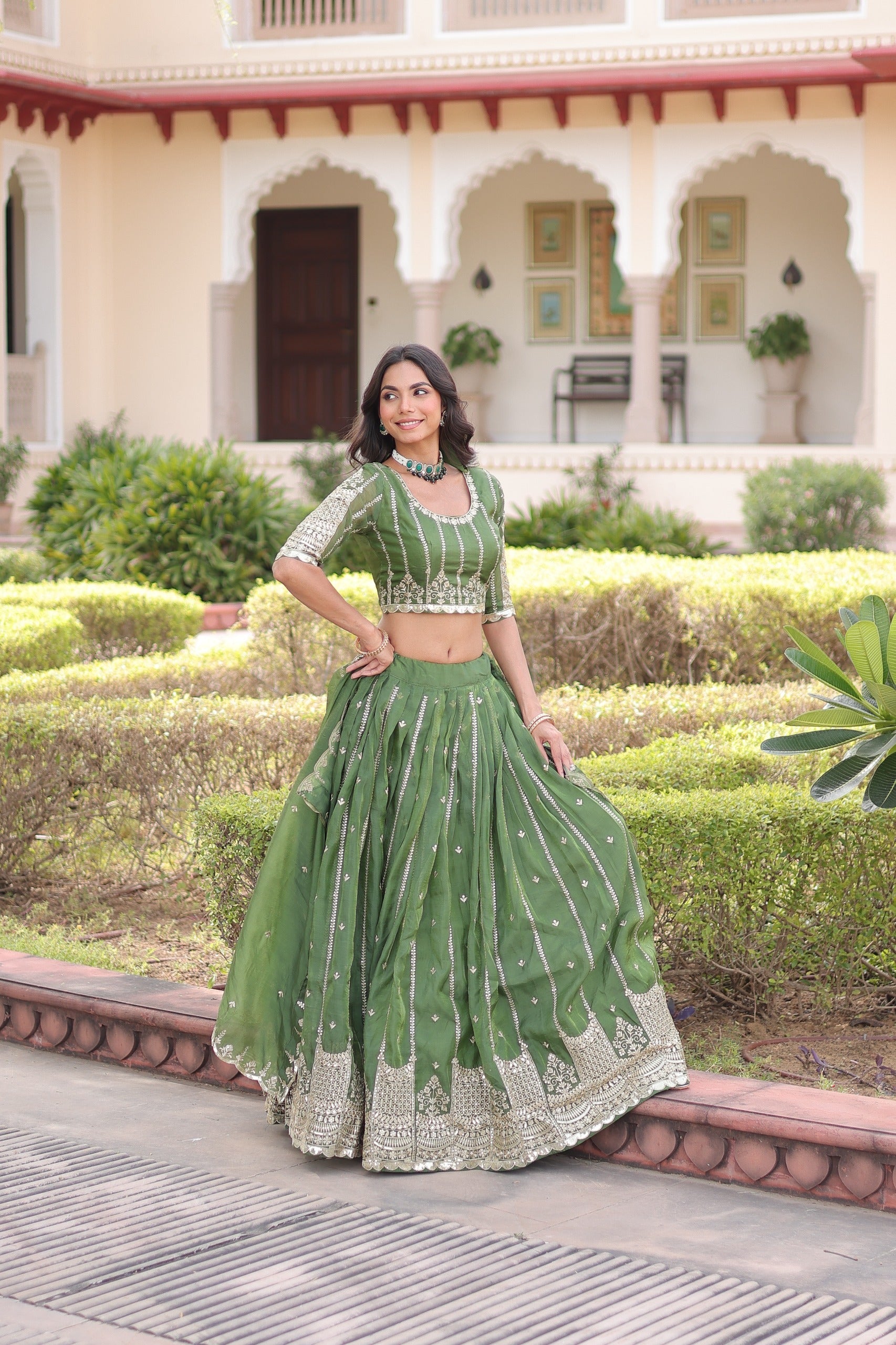 Prazu Fashion Mahendi Gold Crush With Sequins & Zari Embroidered Work Lehenga Choli