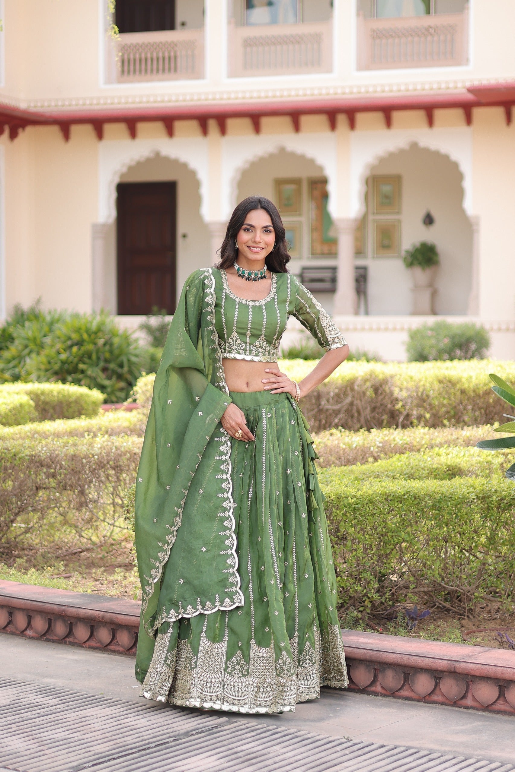Prazu Fashion Mahendi Gold Crush With Sequins & Zari Embroidered Work Lehenga Choli