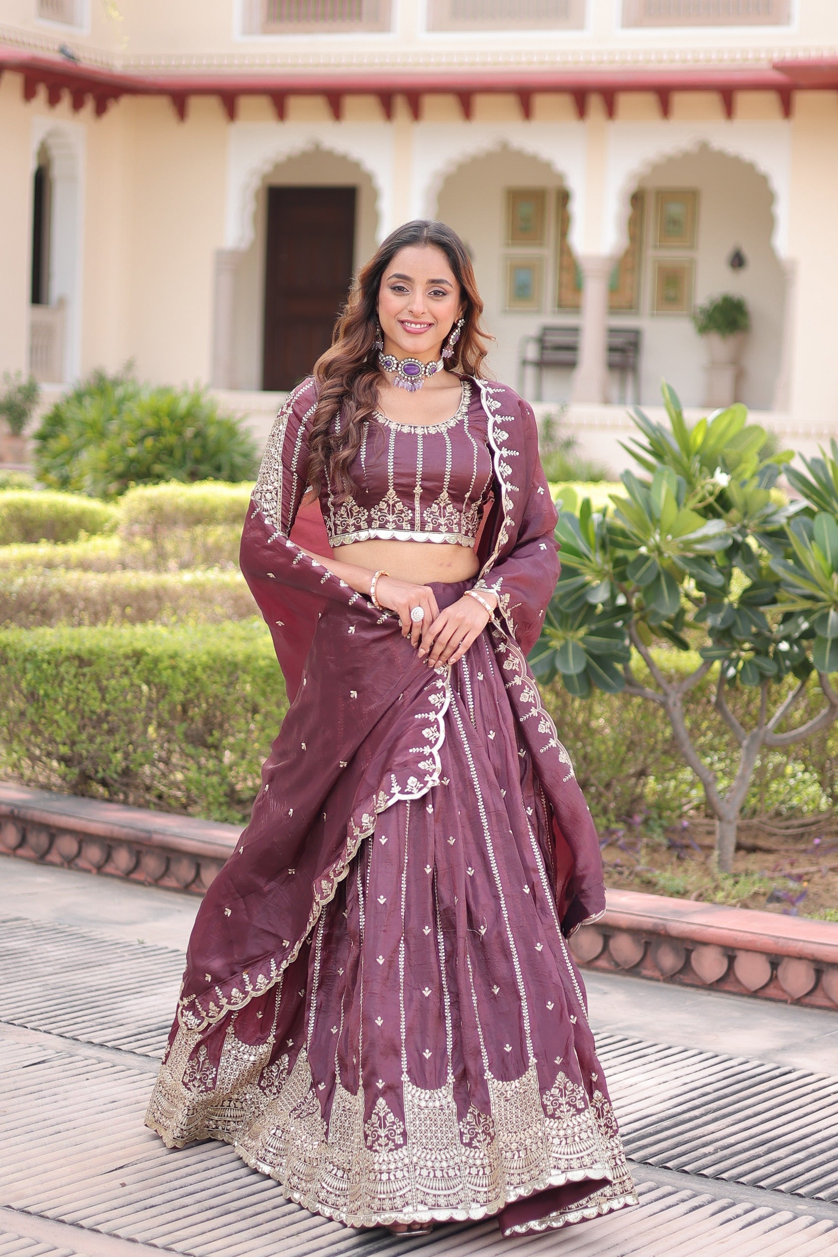 Prazu Fashion Wine Gold Crush With Sequins & Zari Embroidered Work Lehenga Choli